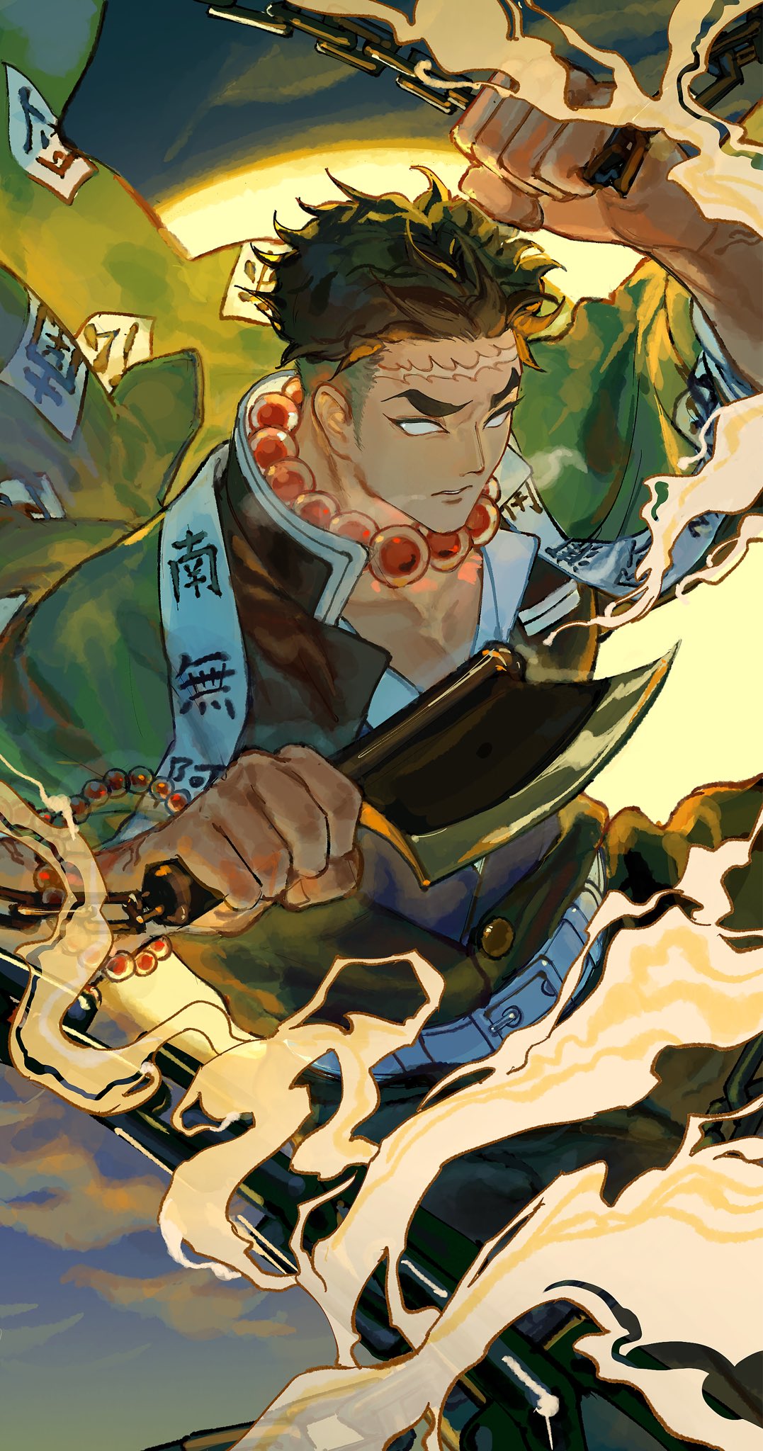 himejima gyoumei, kimetsu no yaiba, highres, 1boy, arm up, axe, bead necklace, beads, belt, black hair, black jacket, black pants, blank eyes, buttons, closed mouth, demon slayer uniform, gold buttons, green haori, haori, holding, holding axe, jacket, japanese clothes, jewelry, male focus, necklace, open clothes, open jacket, pants, parted lips, prayer beads, ruupoppo, short hair, solo, teeth, white belt