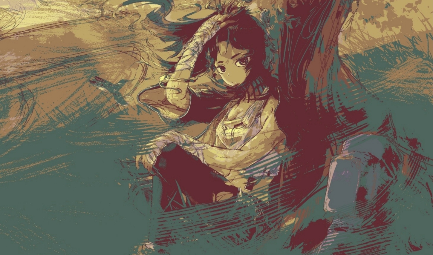 flint (arknights), arknights, 1girl, bandaid, bandaid on face, black hair, black jacket, blue eyes, breasts, cleavage, crop top, dark-skinned female, dark skin, hair between eyes, jacket, long2er1, long hair, looking at viewer, medium breasts, midriff, navel, neck tattoo, pantyhose, shorts, solo, tattoo, torn clothes, torn pantyhose, wrist wrap