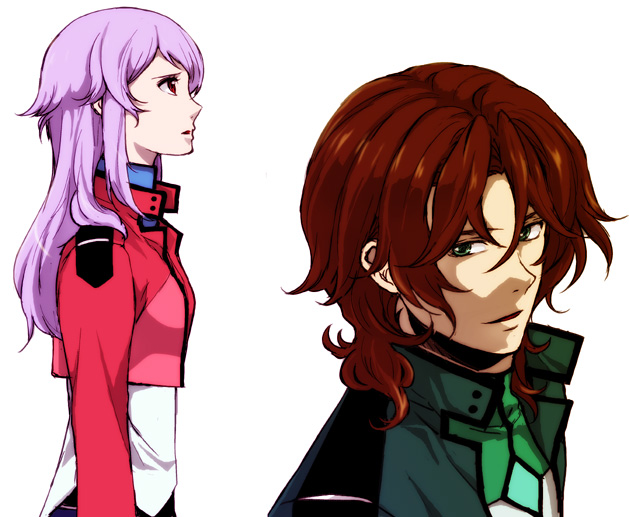 higi (rodriguez), anew returner, lockon stratos, lyle dylandy, gundam, gundam 00, light purple hair, bad id, bad pixiv id, 00s, 1boy, 1girl, brown hair