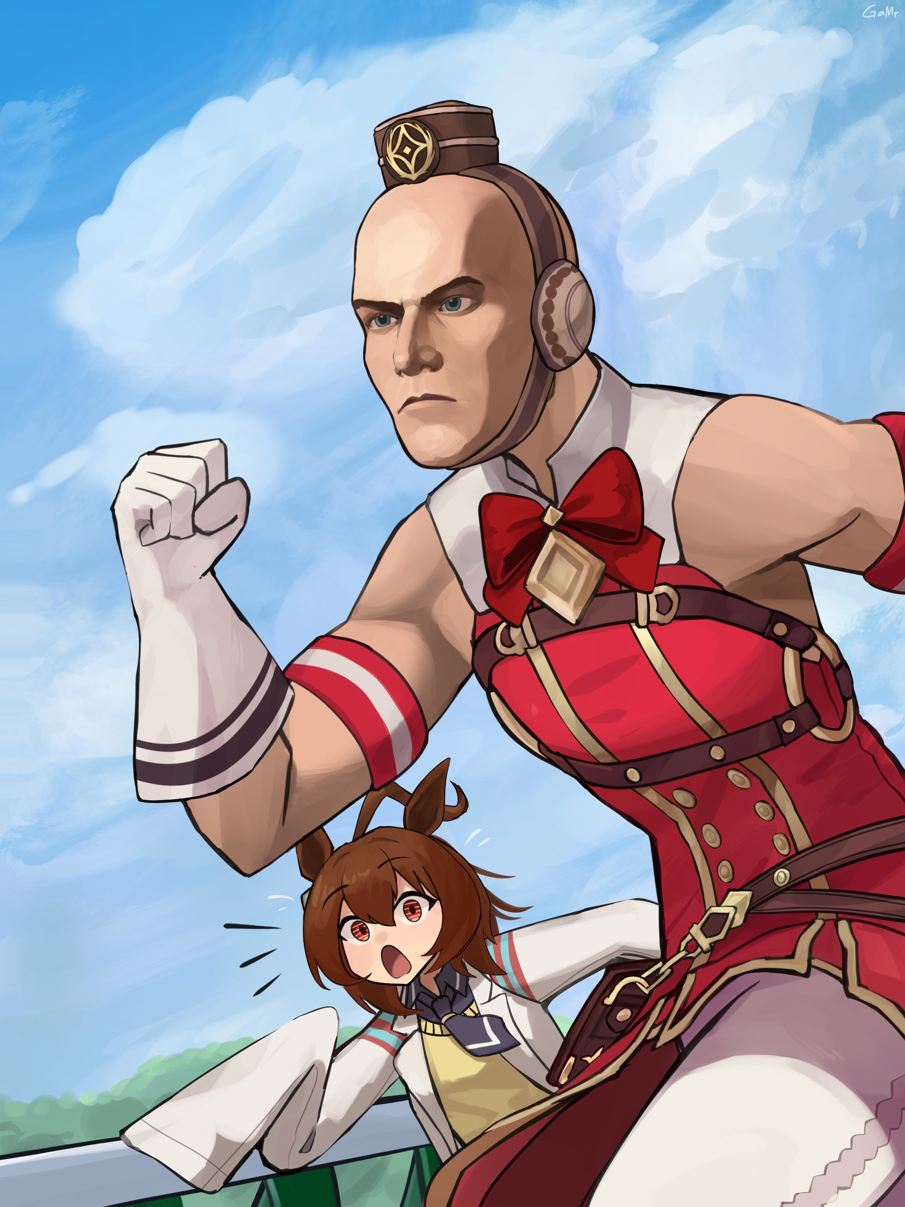 gamryous, agent 47, agnes tachyon (tach-nology) (umamusume), agnes tachyon (umamusume), gold ship (red strife) (umamusume), gold ship (umamusume), hitman (game), umamusume, absurdres, commentary, english commentary, highres, 1boy, 1girl, :o, animal ears, bald, blue sky, bow, brown eyes, brown hair, brown hat, clenched hand, cloud, cosplay, crossdressing, crossdressing (mtf), crossover, dress, ear covers, frown, gloves, gold ship (umamusume) (cosplay), hat, horse ears, horse girl, horse racing track, lab coat, looking at another, necktie, outdoors, pillbox hat, red bow, red dress, running, short necktie, sky, sleeveless, sleeveless dress, sleeves past fingers, sleeves past wrists, sweater, v-shaped eyebrows, white gloves, yellow sweater