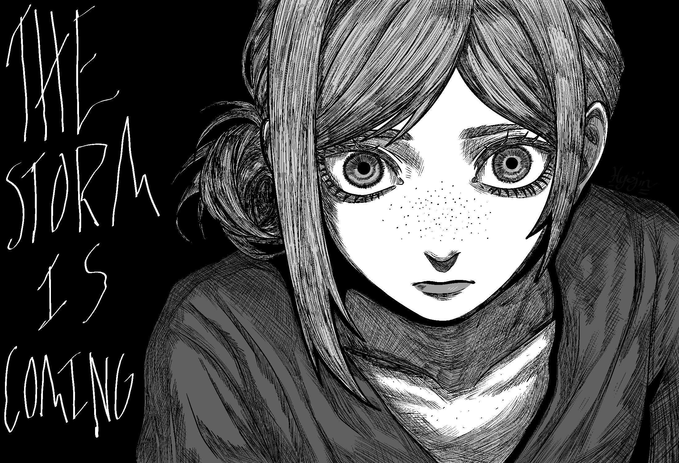 hyojin en, vertin (reverse:1999), reverse:1999, highres, 1girl, black background, closed mouth, collarbone, english text, freckles, greyscale, hair bun, looking at viewer, monochrome, portrait, shirt, short hair, single side bun, solo