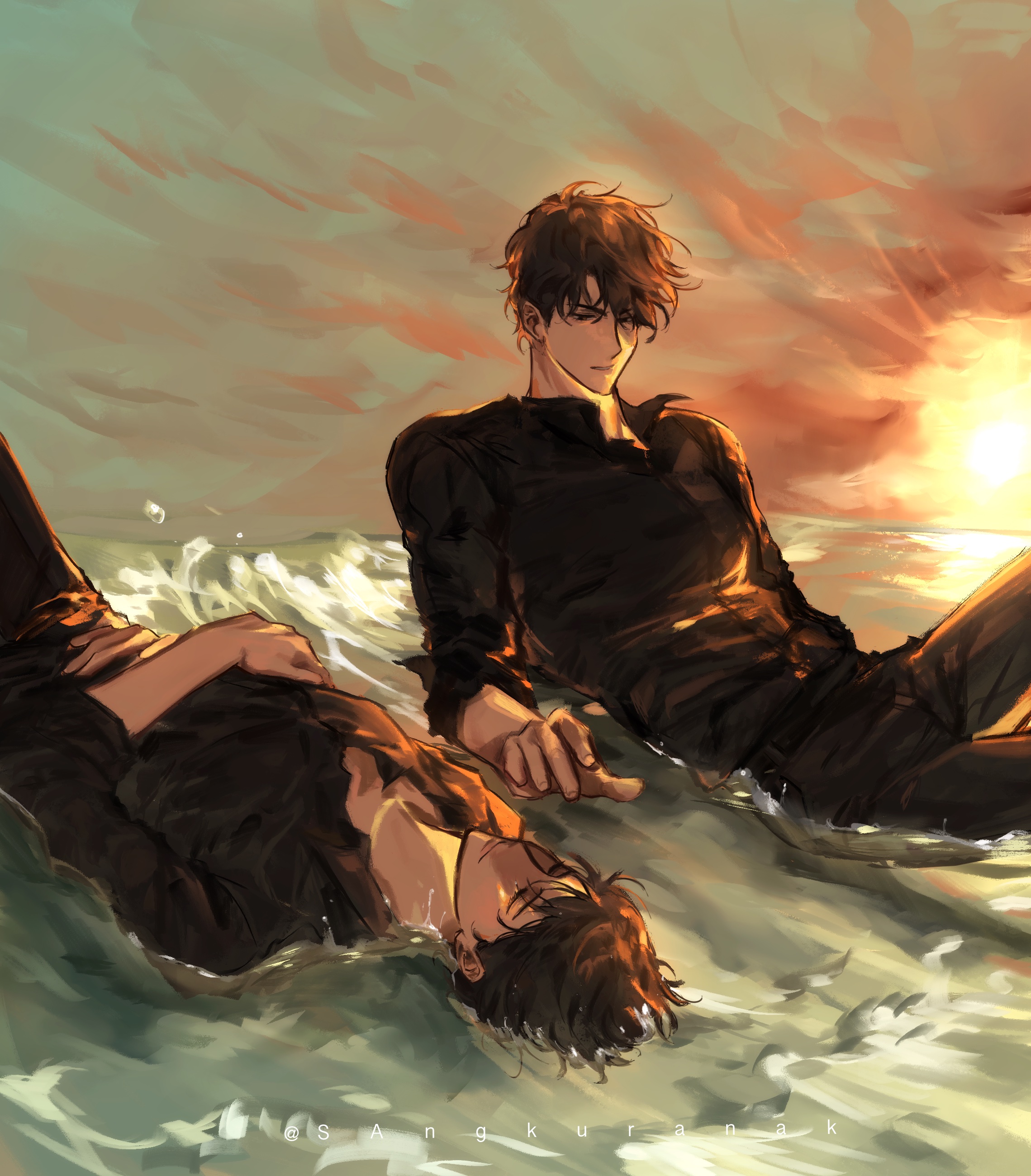 lp (sangkuranak), kim dokja, yoo joonghyuk, omniscient reader's viewpoint, absurdres, highres, 2boys, beach, black hair, black shirt, collared shirt, elbow rest, feet out of frame, hand on own chest, horizon, lying, male focus, multiple boys, on back, shirt, short hair, sidelighting, sitting, sunset, waves, yaoi