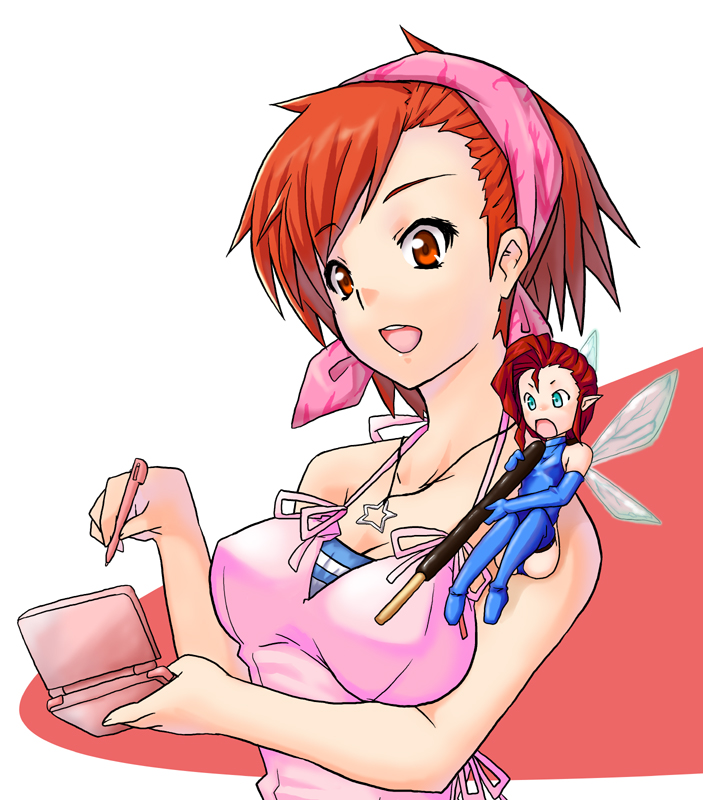 ta ki, pixie (megami tensei), tanigawa yuzu, devil survivor (series), devil survivor 1, 2girls, bandana, brown eyes, camisole, demon (megami tensei), fairy, food, handheld game console, jewelry, mini person, minigirl, multiple girls, necklace, nintendo ds, orange eyes, orange hair, playing games, pocky, star (symbol), tank top, video game, wings