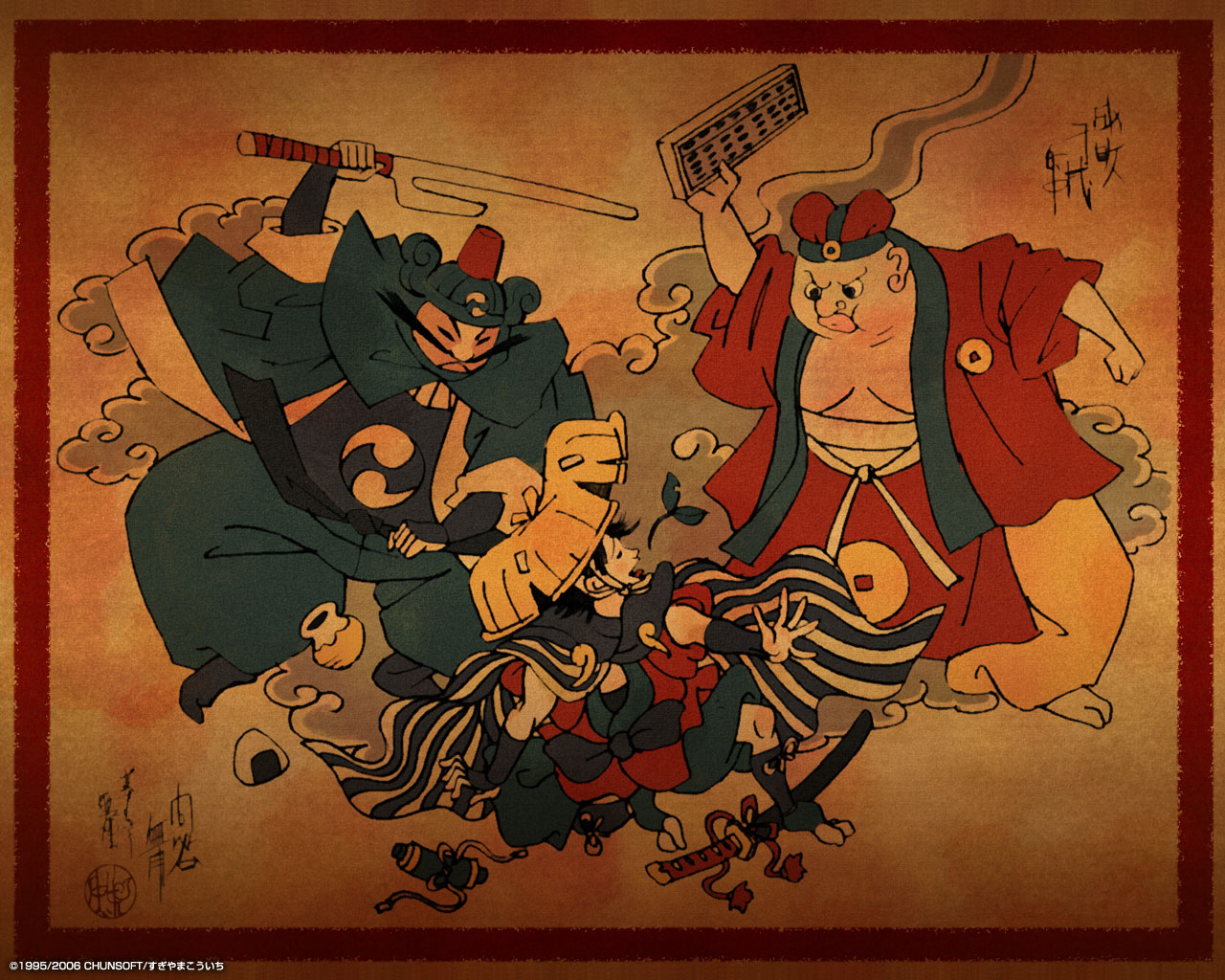 shiren, merchant, shiren (fuurai no shiren), chunsoft, fuurai no shiren, sega, 3boys, beatdown, hat, male focus, multiple boys, sandogasa, sheriff, tomoe (symbol)