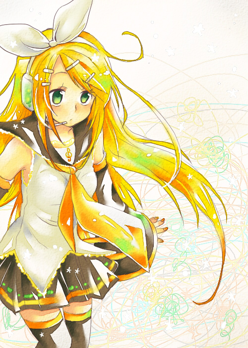 coyo (pp coyo), kagamine rin, kagamine rin (future style), vocaloid, 1girl, aged up, alternate hairstyle, blonde hair, detached sleeves, female focus, green eyes, long hair, solo, thighhighs, zettai ryouiki