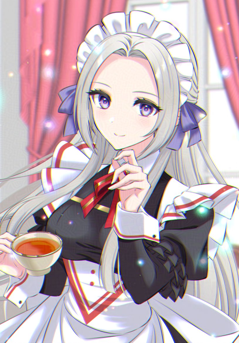 kakiko210, edelgard von hresvelg, fire emblem, fire emblem: three houses, nintendo, 1girl, apron, black dress, blush, bow, breasts, closed mouth, cup, dress, hair ornament, hair ribbon, holding, holding cup, long hair, long sleeves, looking at viewer, maid, maid apron, maid headdress, medium breasts, purple eyes, red bow, ribbon, sleeve cuffs, smile, solo, tea, upper body, waist apron, white apron, white hair, white headdress