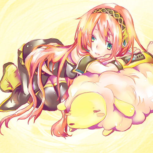 coyo (pp coyo), megurine luka, vocaloid, lowres, 1girl, bare shoulders, belt, blue eyes, boots, female focus, headphones, long hair, pink hair, sheep, skirt, solo, thighhighs