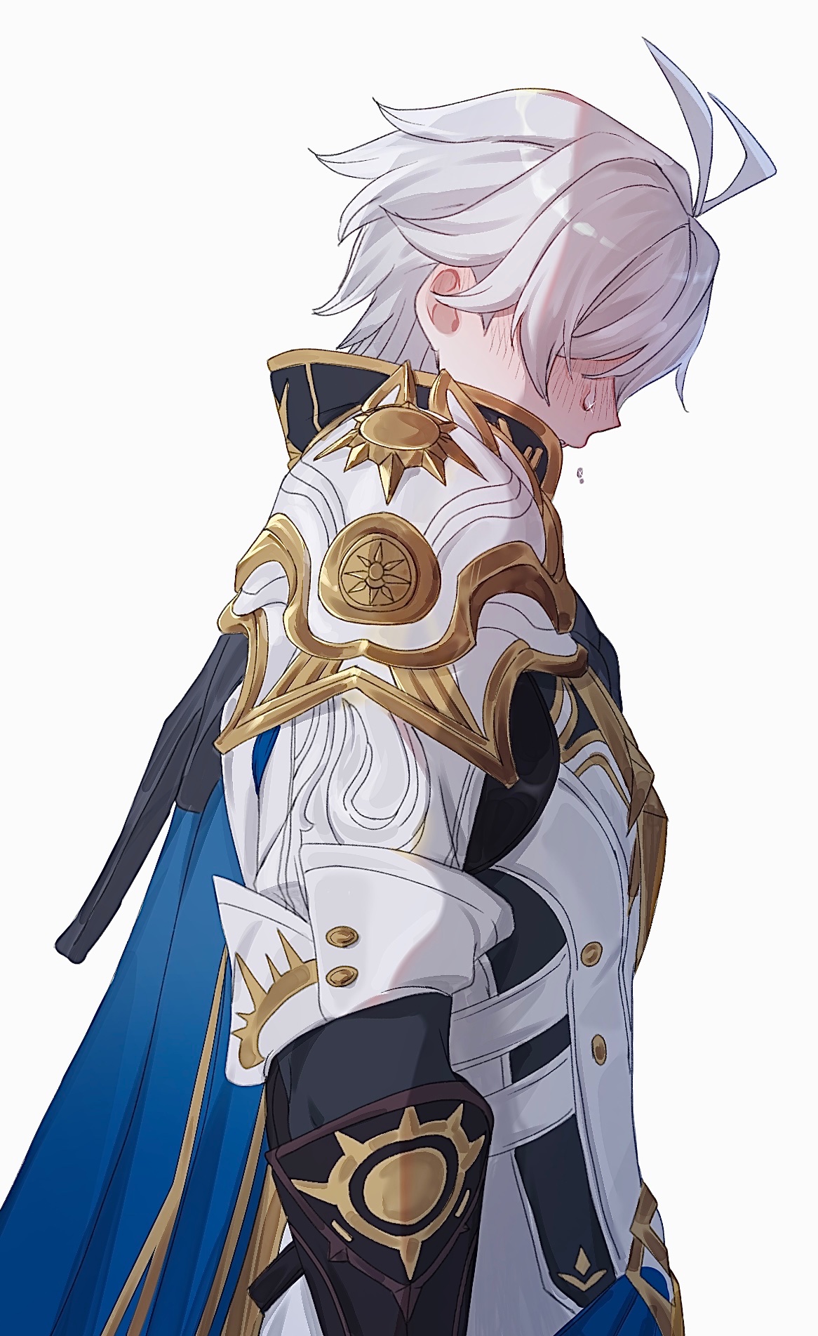 phainon (honkai: star rail), honkai: star rail, honkai (series), highres, 1boy, armor, belt, blue cape, blush, cape, coat, covered eyes, crying, grey hair, hair between eyes, male focus, pauldrons, profile, short hair, shoulder armor, simple background, single pauldron, solo, standing, takoyannnn000, white background, white coat