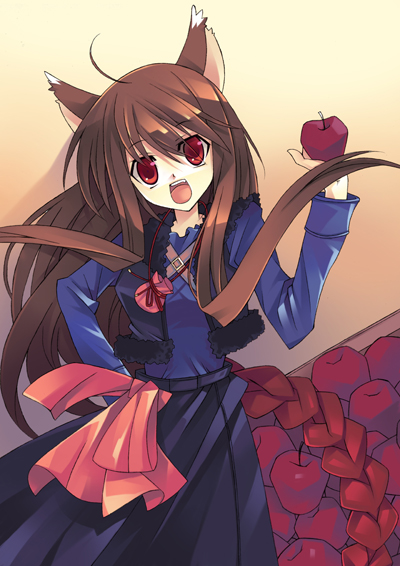 narita-kun, holo, spice and wolf, 00s, ahoge, animal ears, apple, brown hair, food, fruit, long hair, red eyes, solo, wolf ears