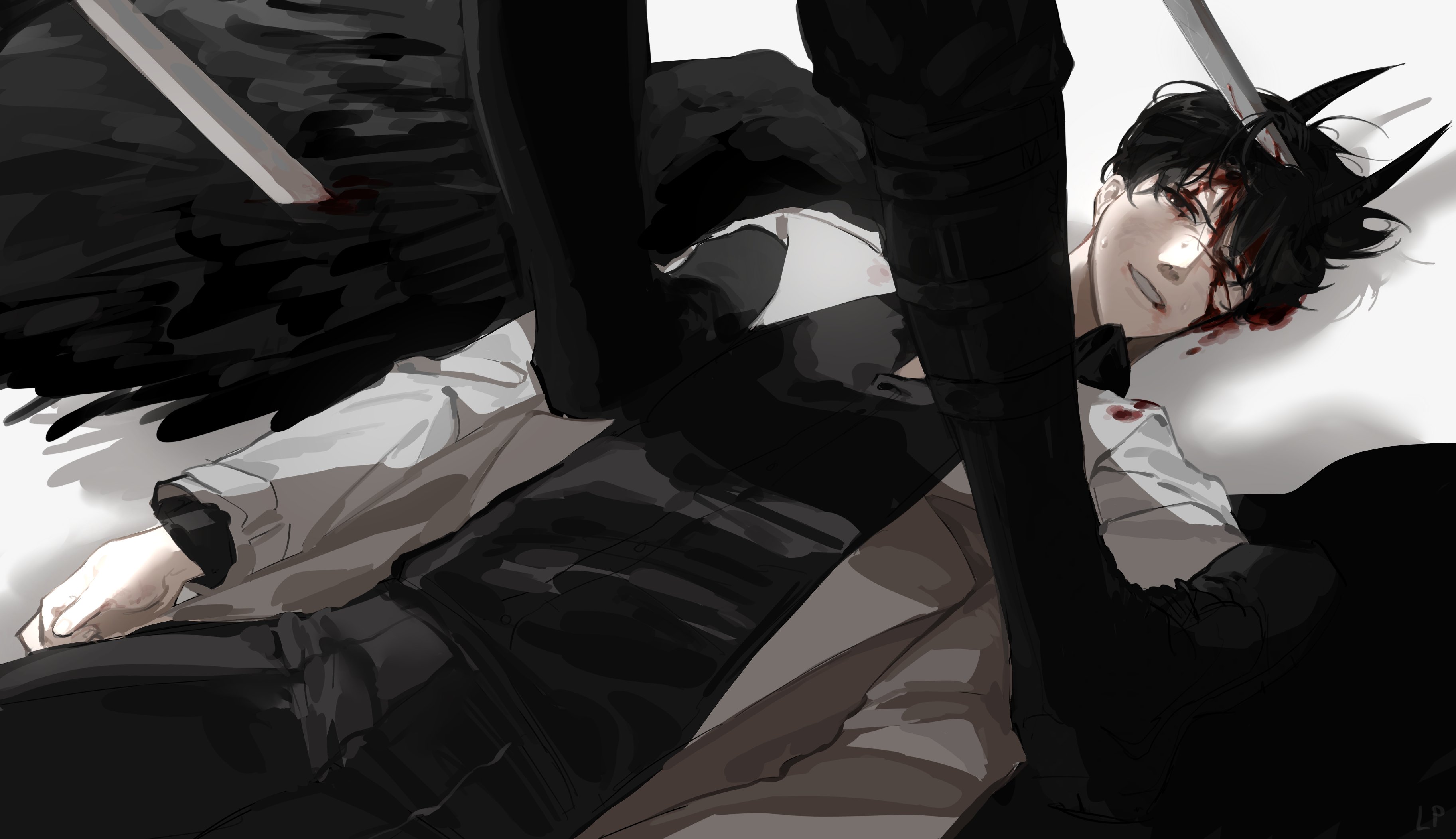 lp (sangkuranak), kim dokja, yoo joonghyuk, omniscient reader's viewpoint, absurdres, highres, 1boy, 1other, :d, black hair, black wings, blood, blood from forehead, blood in hair, blood on face, coat, cowboy shot, demon horns, feathered wings, grin, horns, imminent murder, looking at viewer, lying, official alternate costume, on back, on ground, open clothes, open coat, open mouth, pov, short hair, smile, standing, standing on person, sword, weapon, white coat, wings