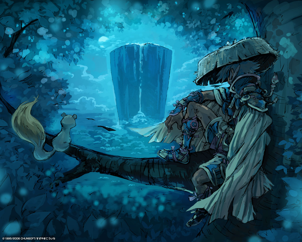shiren, koppa, shiren (fuurai no shiren), chunsoft, fuurai no shiren, sega, official art, 1boy, armor, blue hair, blue theme, cape, cloud, dark-skinned male, dark skin, ferret, from side, greaves, hat, in tree, japanese armor, kote, leaf, male focus, moon, nature, night, night sky, pauldrons, sandals, sandogasa, short sleeves, shorts, shoulder armor, sitting, sky, solo, squirrel, tabi, tree