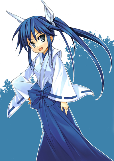 narita-kun, ayane (nagasarete airantou), nagasarete airantou, 00s, 1girl, blue eyes, blue hair, blue hakama, female focus, hair ribbon, hakama, hakama skirt, japanese clothes, long hair, ribbon, skirt, solo, twintails