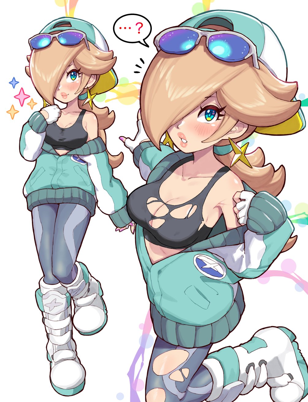 toggy keiichi, rosalina, rosalina (touring), mario (series), mario kart, mario kart world, nintendo, highres, 1girl, aqua jacket, backwards hat, black sports bra, blonde hair, blue eyes, blue jacket, blush, boots, bra, closed mouth, collarbone, earrings, eyewear on head, fingerless gloves, gloves, grey leggings, hair over one eye, hat, jacket, jewelry, leggings, long hair, long sleeves, looking at viewer, official alternate costume, pants, parted lips, ponytail, single bare shoulder, smile, sports bra, star (symbol), star earrings, sunglasses, tinted eyewear, torn bra, torn clothes, torn pants, underwear, white boots, white gloves