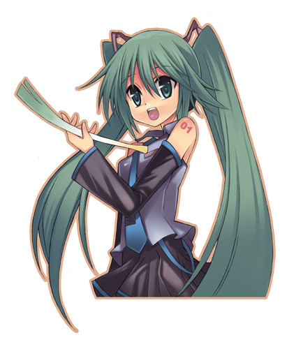 narita-kun, hatsune miku, vocaloid, lowres, detached sleeves, green eyes, green hair, long hair, necktie, skirt, solo, spring onion, twintails