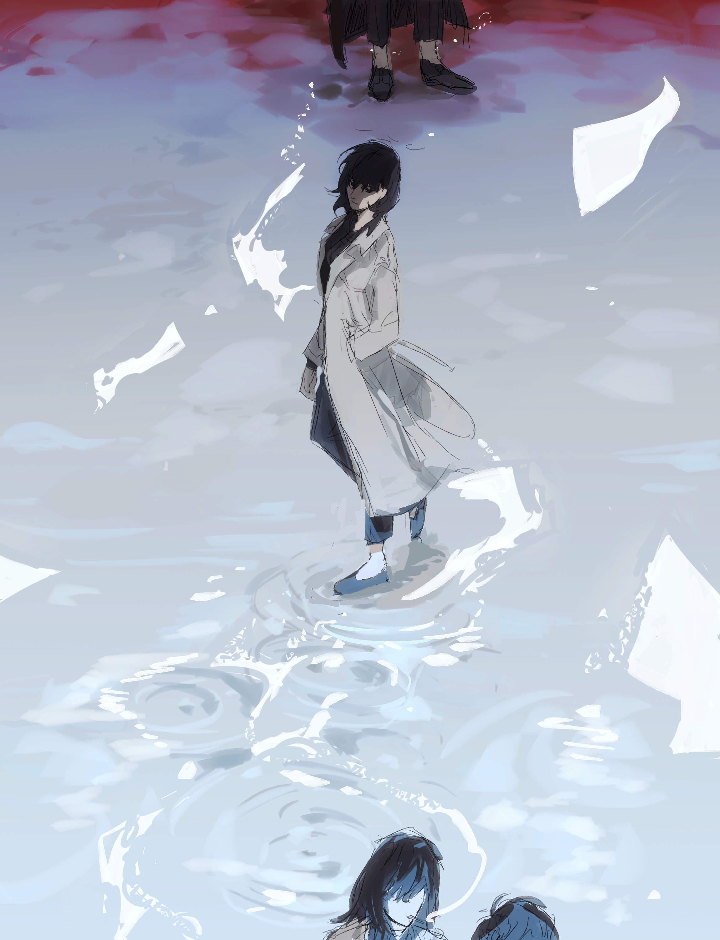 lp (sangkuranak), han sooyoung, omniscient reader's viewpoint, absurdres, highres, 2girls, 2others, black coat, black hair, blood, blood stain, bob cut, coat, contrapposto, faceless, falling paper, from above, full body, hand in pocket, implied murder, looking at another, multiple girls, multiple others, out of frame, reflection, reflective water, ripples, short hair, wading, walking, walking on liquid, water, white coat