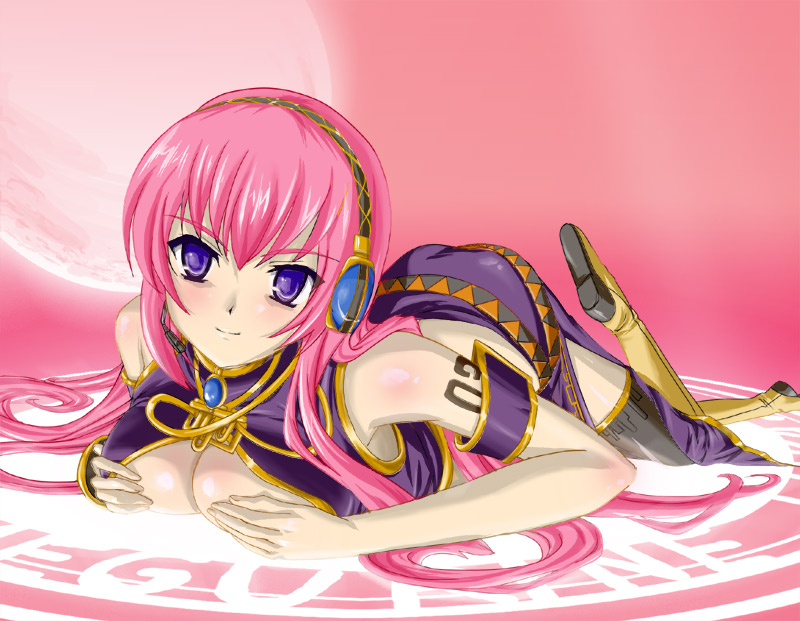 niriru, megurine luka, vocaloid, bad id, bad pixiv id, tagme, long hair, pink hair, purple eyes, solo, thighhighs