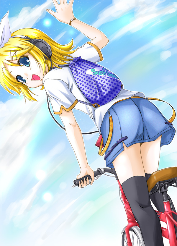 ayakaze ryuushou, kagamine rin, vocaloid, bag, bicycle, blonde hair, blue eyes, headphones, open mouth, short hair, solo, thighhighs, waving