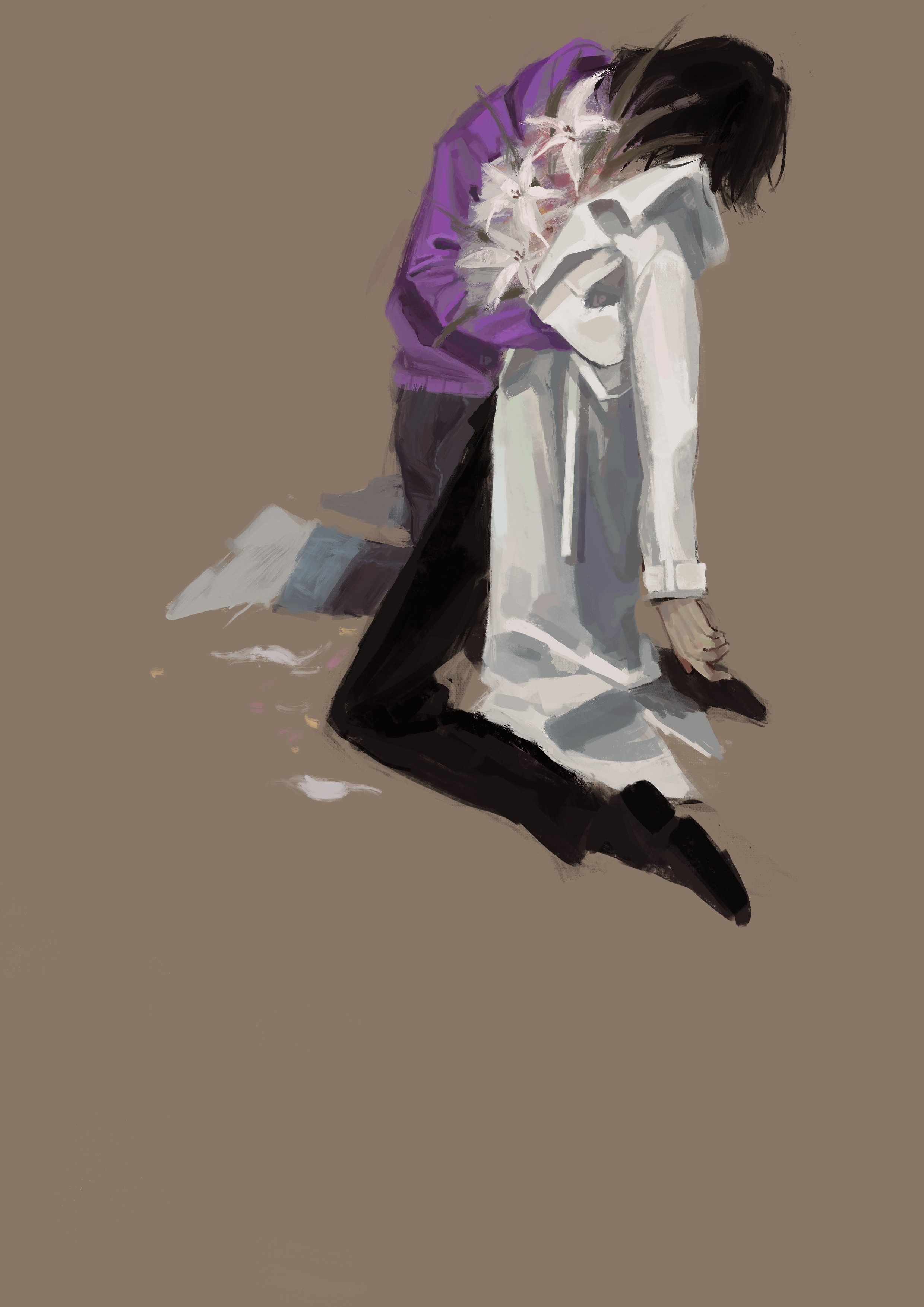 lp (sangkuranak), kim dokja, yoo joonghyuk, omniscient reader's viewpoint, white lily, absurdres, highres, 1girl, 1other, black hair, bob cut, coat, flower, from side, full body, grass, hood, hood down, hoodie, hug, kneeling, on ground, open clothes, open coat, plantification, purple hoodie, short hair, white coat