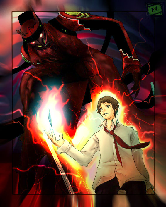 rasneko, adachi tooru, magatsu izanagi, atlus, persona, persona 4, bad id, bad pixiv id, spoilers, 1boy, crystal, fire, male focus