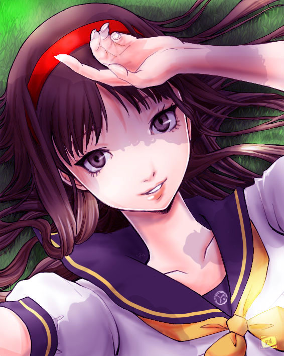 rasneko, amagi yukiko, atlus, persona, persona 4, bad id, bad pixiv id, 1girl, copyright name, dappled sunlight, female focus, fingernails, grass, grey eyes, hairband, hand on own forehead, long fingernails, long hair, looking at viewer, lying, on back, on ground, parted lips, pink lips, ribbon, school uniform, serafuku, short sleeves, smile, solo, sunlight, tree shade, upper body, yellow ribbon