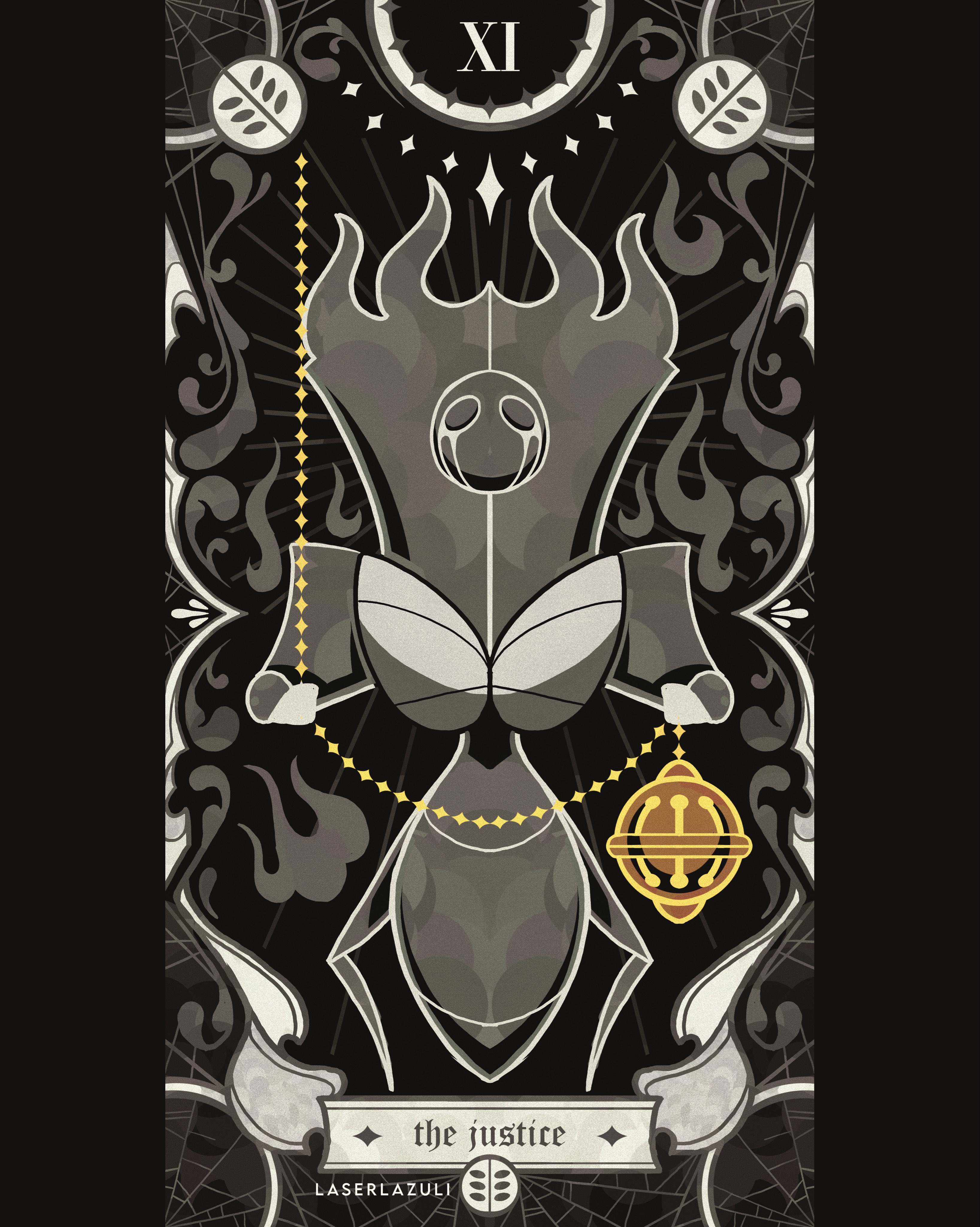 laserlazuli, hollow knight, hollow knight: silksong, absurdres, commentary, english commentary, highres, 1girl, armor, artist name, card (medium), chain, english text, full body, giant, holding, holding weapon, horns, justice (tarot), last judge (hollow knight), pillarboxed, silk, solo, spider web, spot color, standing, tarot, tarot (medium), weapon