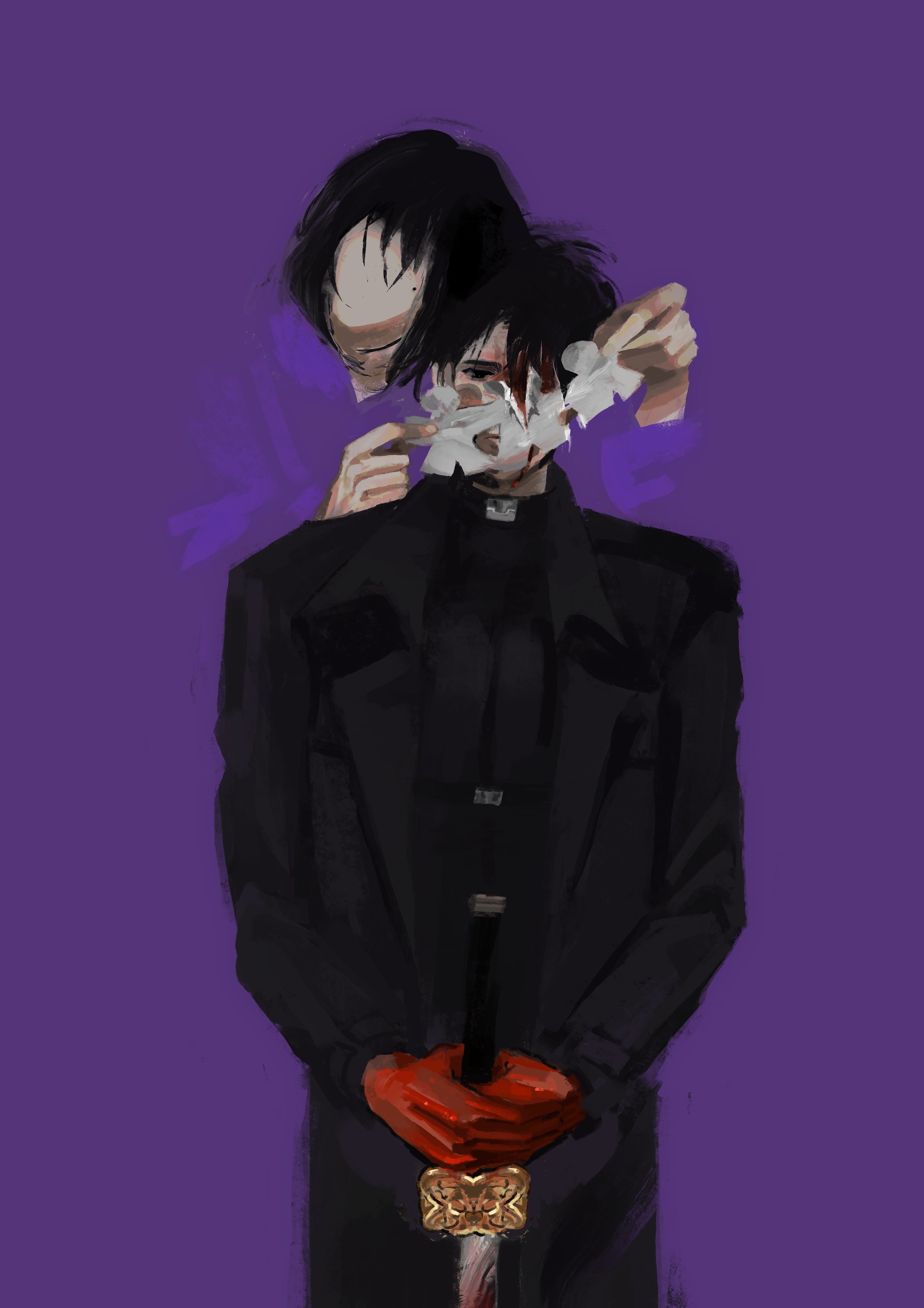 lp (sangkuranak), han sooyoung, yoo joonghyuk, omniscient reader's viewpoint, tearing paper, absurdres, highres, 1boy, 1girl, black coat, black eyes, black hair, blood, blood on face, blood stain, coat, colored extremities, covering face, faceless, fading, head tilt, holding, holding paper, holding sword, holding weapon, hood, hood down, hoodie, kirigami, looking at viewer, open clothes, open coat, paper, planted, planted sword, planted weapon, purple hoodie, red hands, short hair, sword, weapon