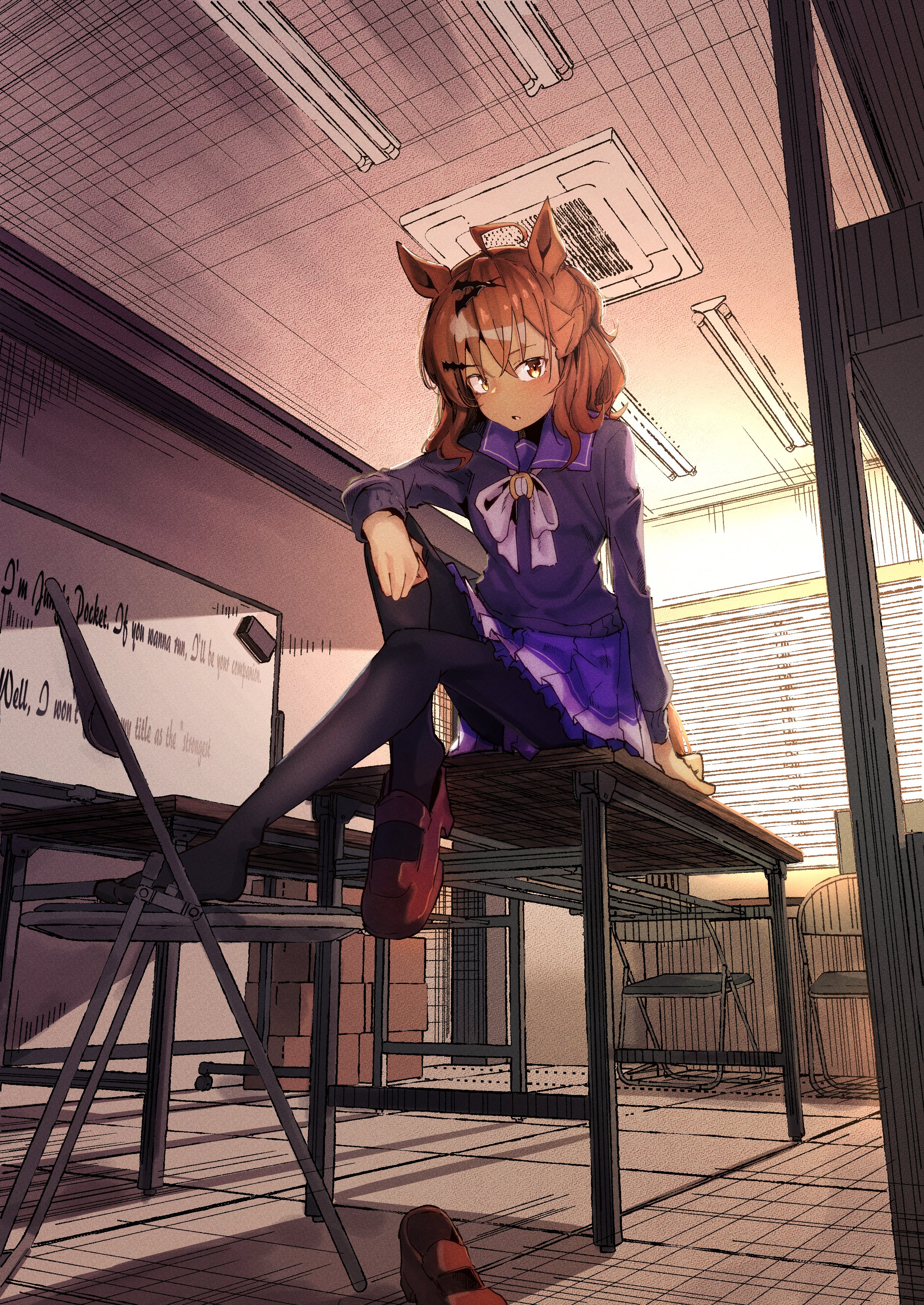 gorioshi0802, jungle pocket (umamusume), umamusume, absurdres, highres, ahoge, animal ears, black pantyhose, blush, bow, bowtie, breasts, brown hair, chair, hair between eyes, hair ornament, hairclip, horse ears, horse girl, horse tail, long sleeves, looking at viewer, medium hair, notched ear, on table, open mouth, pantyhose, parted lips, purple sailor collar, purple serafuku, purple skirt, purple sweater, sailor collar, school uniform, serafuku, shirt, shoes, sitting, skirt, sweater, table, tail, tracen school uniform, unworn shoes, white bow, white bowtie, whiteboard, window, yellow eyes