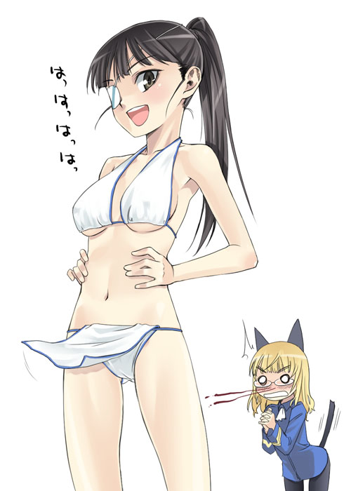 satou atsuki, perrine h. clostermann, sakamoto mio, strike witches, world witches series, 00s, 2girls, animal ears, bikini, glasses, multiple girls, pantyhose, swimsuit, tail