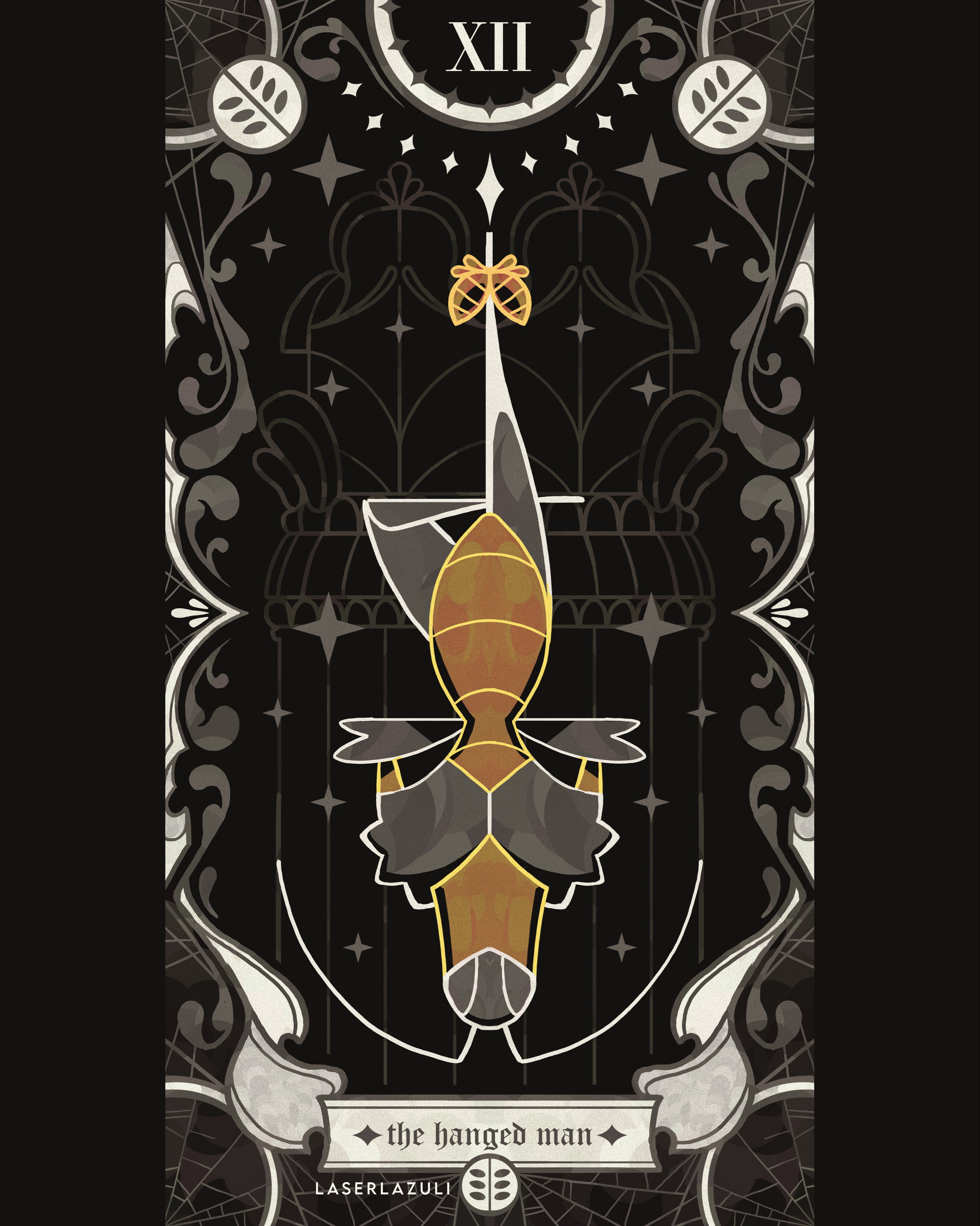 laserlazuli, hollow knight, hollow knight: silksong, absurdres, commentary, english commentary, highres, 1boy, antennae, arms behind back, arthropod boy, artist name, card (medium), english text, full body, green prince (hollow knight), male focus, mantis boy, pillarboxed, silk, solo, spider web, spot color, tarot, tarot (medium), the hanged man (tarot), upside-down