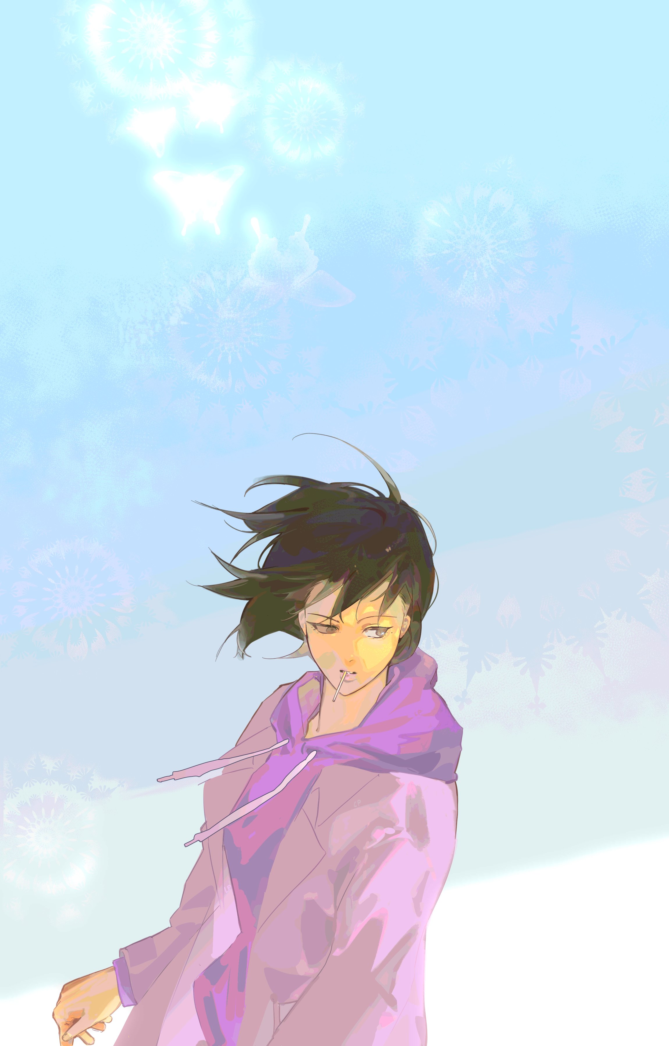 lp (sangkuranak), han sooyoung, omniscient reader's viewpoint, absurdres, highres, 1girl, black eyes, black hair, bob cut, clenched teeth, cloud, cloudy sky, cowboy shot, day, hair flowing over, head tilt, hood, hood down, hoodie, lens flare, lollipop in mouth, looking to the side, purple hoodie, purple shirt, shirt, short hair, sky, solo, teeth