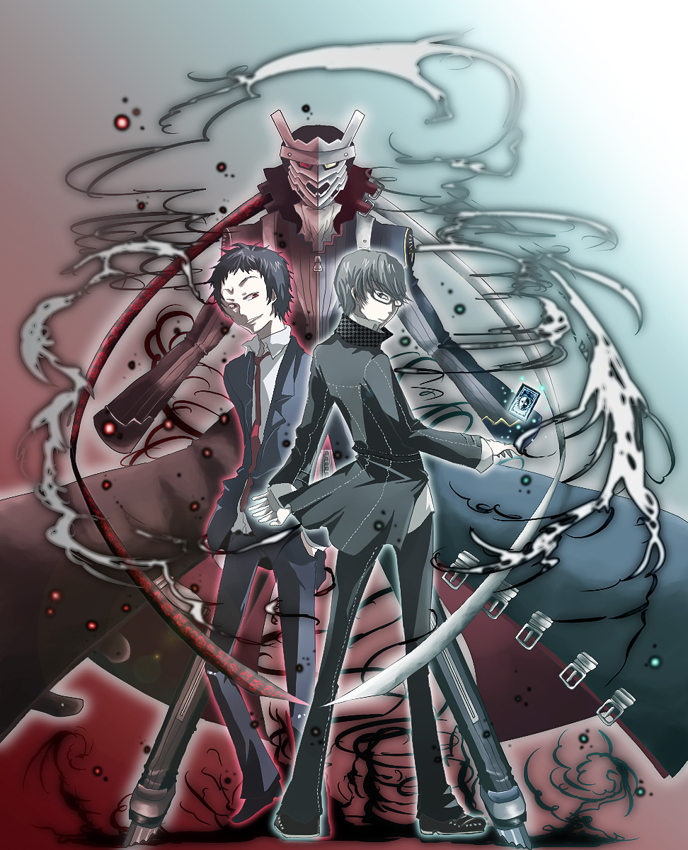 ikihara@, shion (ikihara), adachi tooru, izanagi (persona 4), magatsu izanagi, narukami yu, atlus, persona, persona 4, bad id, bad pixiv id, highres, spoilers, 2boys, glasses, male focus, multiple boys