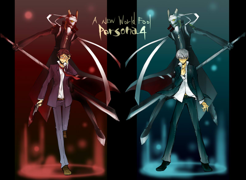 honezaki, adachi tooru, izanagi (persona 4), magatsu izanagi, narukami yu, atlus, persona, persona 4, bad id, bad pixiv id, spoilers, 2boys, male focus, multiple boys