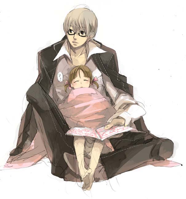 fact, doujima nanako, narukami yu, atlus, persona, persona 4, silver hair, 1boy, 1girl, brown hair, collared shirt, dress, gakuran, glasses, long sleeves, pants, pink dress, school uniform, shirt, short hair, simple background, sleeping, white background, white shirt