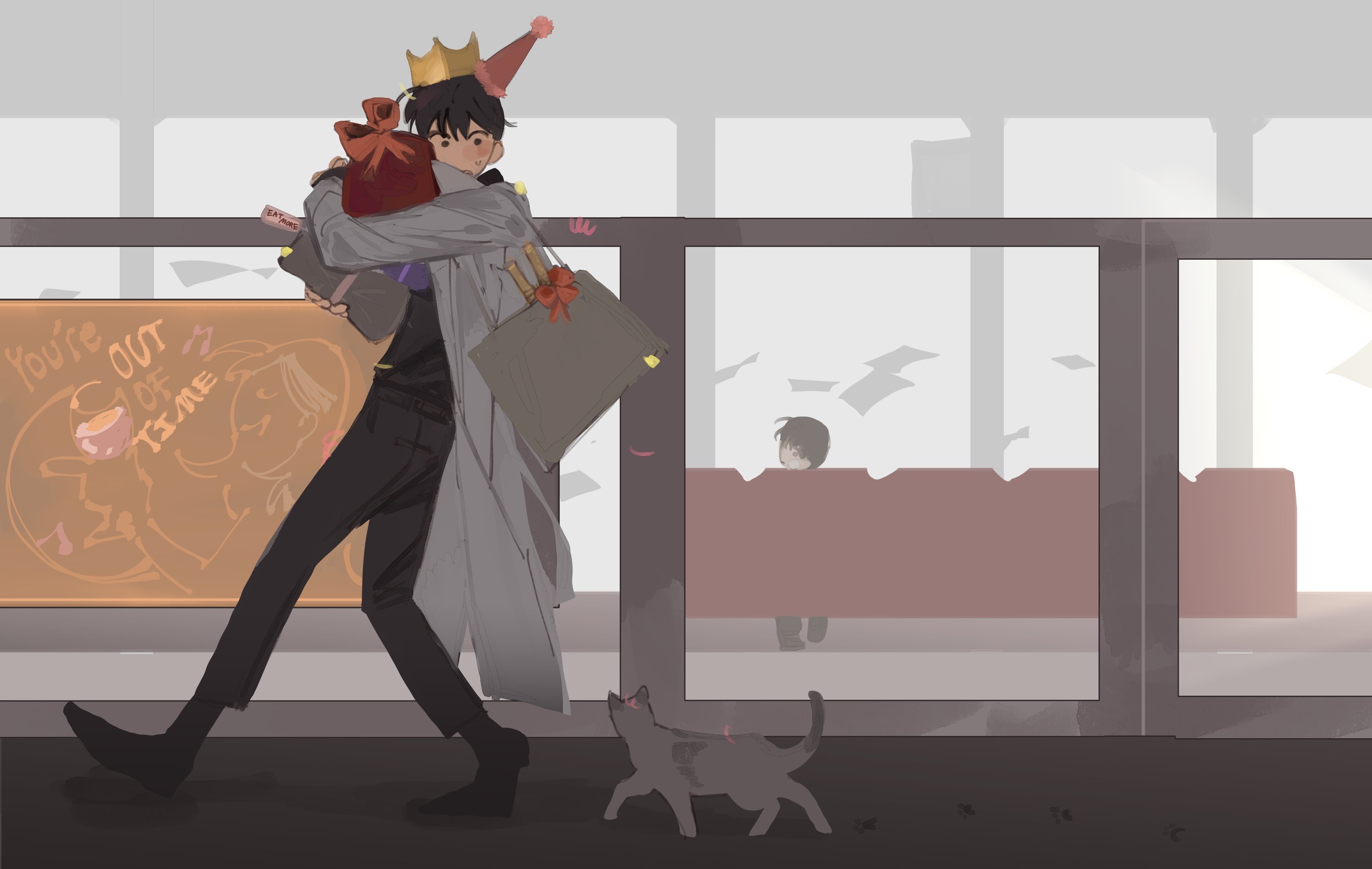 lp (sangkuranak), kim dokja, omniscient reader's viewpoint, highres, 2boys, bag, black hair, blush, cat, chair, coat, confetti, crown, dual persona, footprints, full body, gift bag, hat, indoors, looking back, male focus, multiple boys, oldest dream, open clothes, open coat, party hat, short hair, shoulder bag, siamese cat, sitting, sweatdrop, walking, white coat, wide-eyed