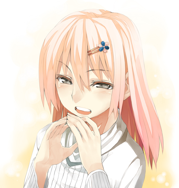 murata taichi, original, fingers together, 1girl, :d, blush, female focus, grey eyes, hair ornament, hairclip, half-closed eyes, long hair, looking at viewer, open mouth, pink hair, round teeth, smile, solo, teeth, upper body