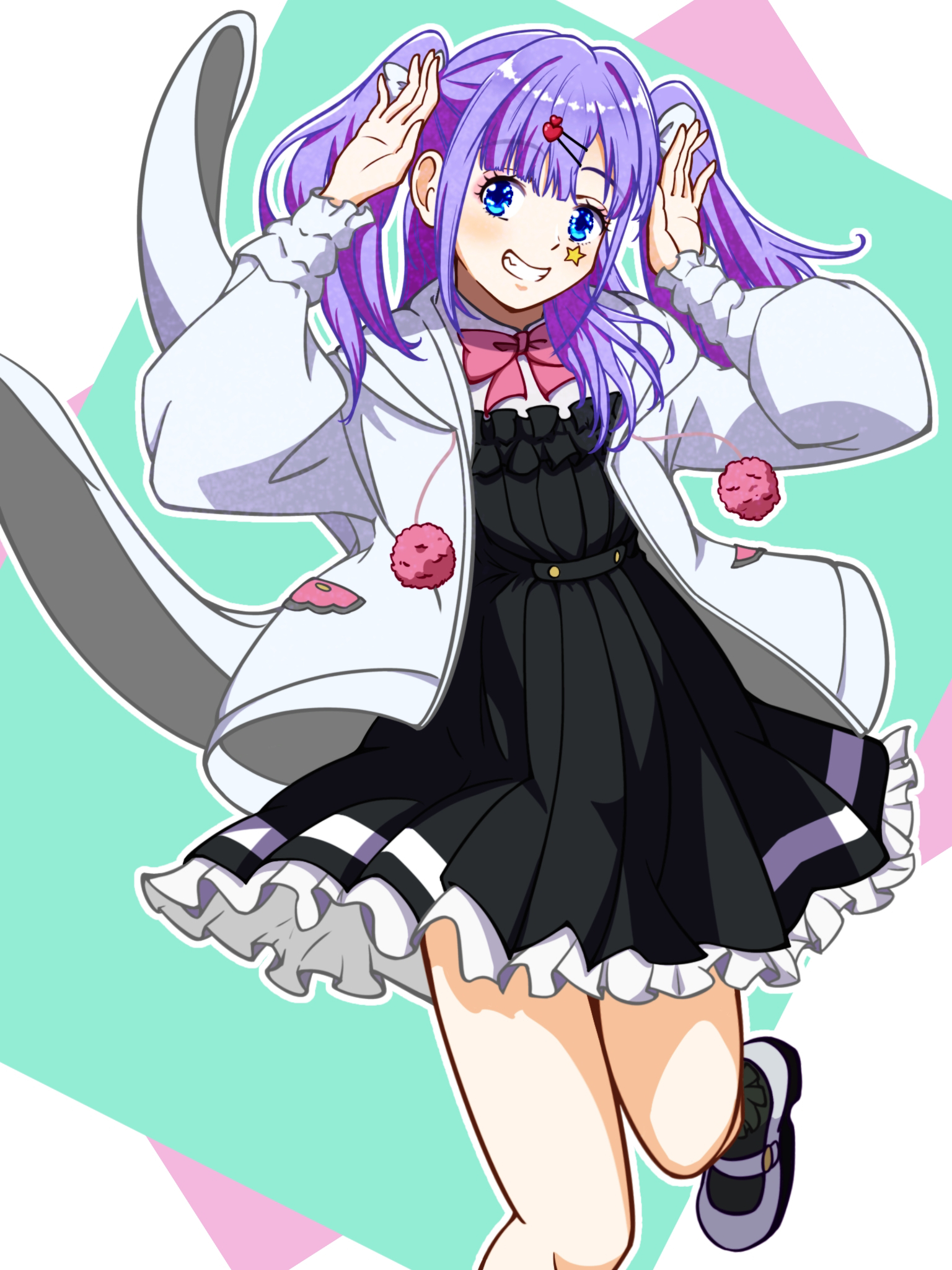 highres, 1girl, black dress, black socks, blue eyes, dancing, dress, hair ornament, hairclip, heart, heart hair ornament, jacket, long sleeves, mu (si-vis), purple hair, si-vis: the sound of heroes, smile, socks, standing, standing on one leg, two side up, white jacket