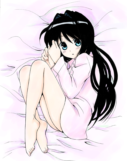 futari no ana, ootaka narumi, barefoot, bed, black hair, blue eyes, bottomless, dress shirt, feet, long hair, no pants, shirt, solo