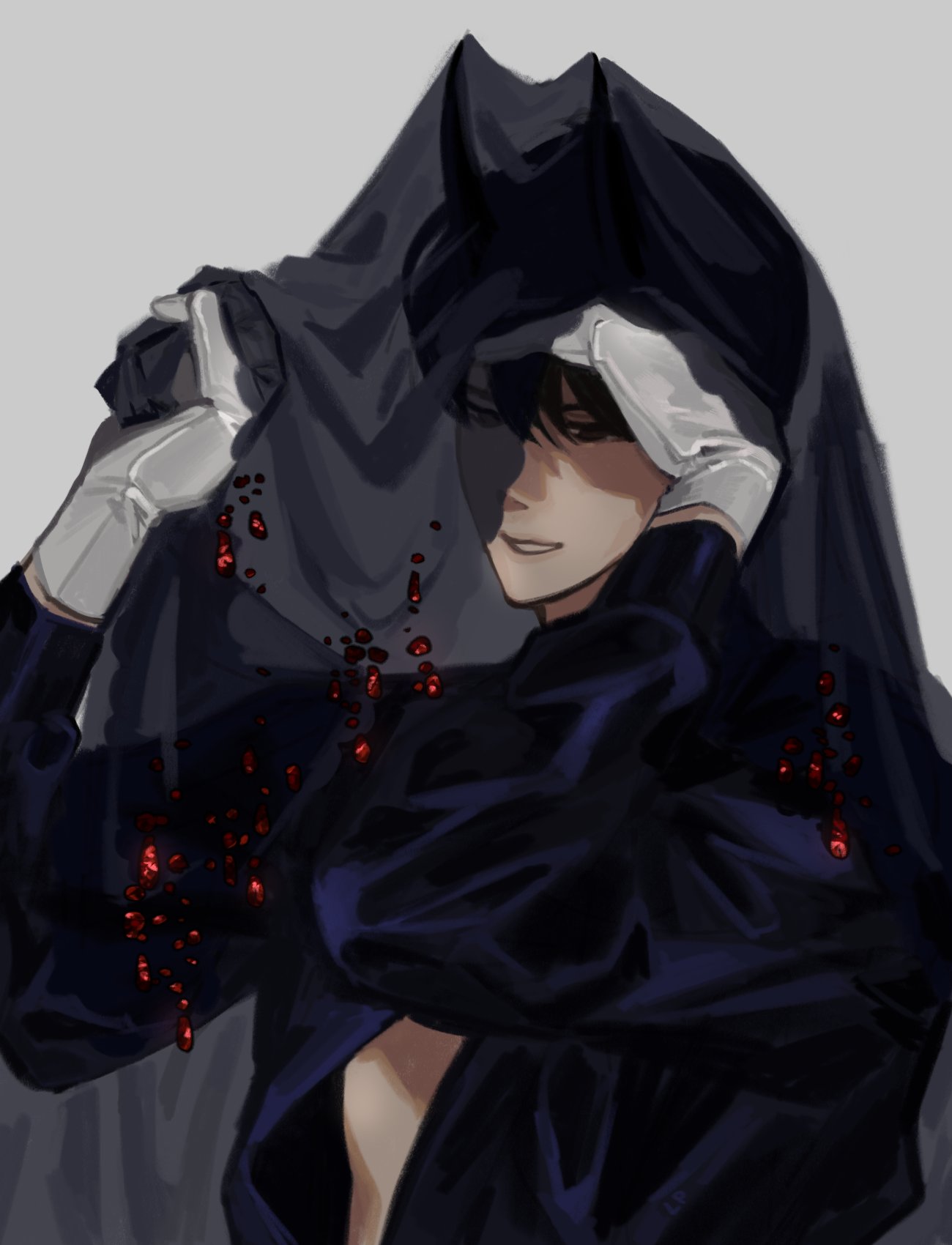 lp (sangkuranak), kim dokja, omniscient reader's viewpoint, highres, 1boy, :d, black eyes, black hair, black shirt, black veil, demon horns, floating blood, gloves, hands up, horns, looking at viewer, male focus, midriff peek, open clothes, open mouth, open shirt, shirt, short hair, smile, solo, veil, veil lift, white gloves