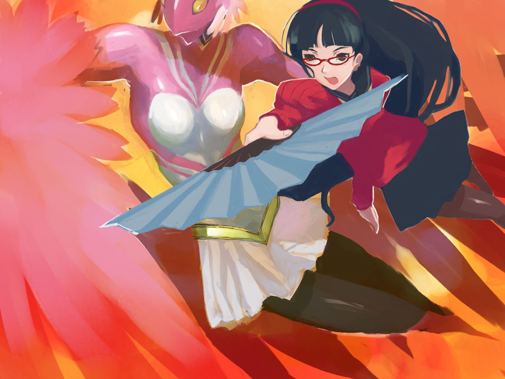 pomp, takeo, amagi yukiko, konohana sakuya (persona), atlus, persona, persona 4, bad id, bad pixiv id, 2girls, folding fan, glasses, hand fan, long hair, multiple girls, pantyhose, school uniform