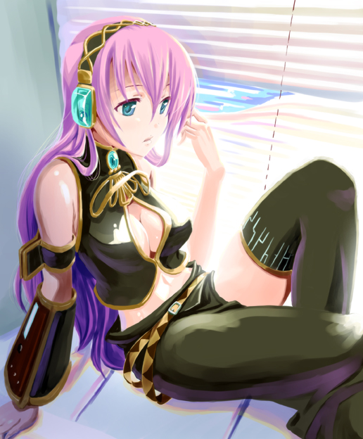 futari no ana, wadapen, megurine luka, vocaloid, 1girl, aqua eyes, female focus, pink hair, sitting, solo, thighhighs