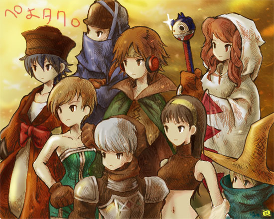rasneko, amagi yukiko, black mage (final fantasy), hanamura yousuke, kujikawa rise, kuma (persona 4), monk (final fantasy), mystic (fft), narukami yu, ninja (final fantasy), satonaka chie, shirogane naoto, squire (fft), white mage (final fantasy), atlus, final fantasy, final fantasy tactics, persona, persona 4, 4boys, 4girls, dancer, monk, multiple boys, multiple girls, ninja, parody, sqhire, style parody