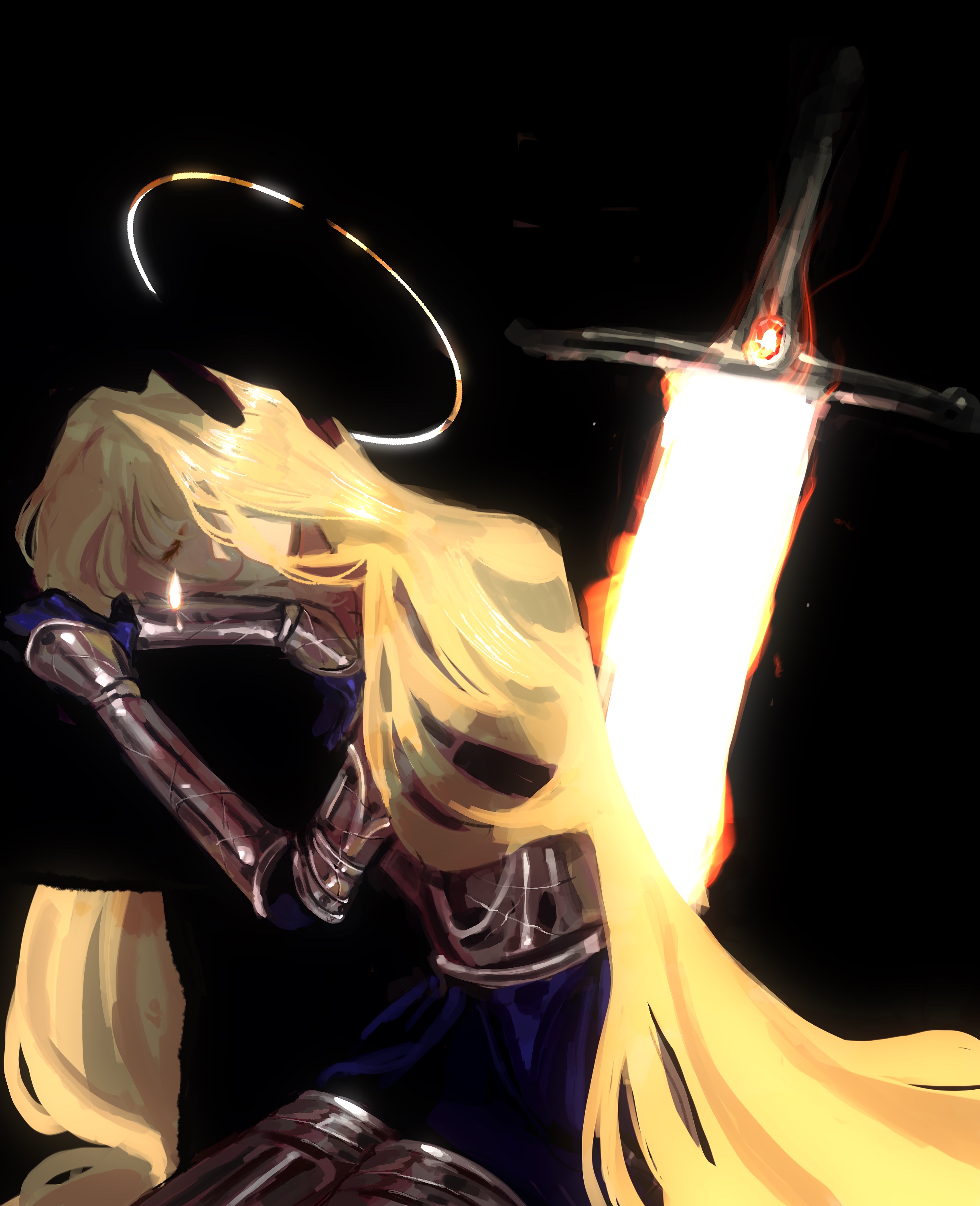 lp (sangkuranak), uriel (omniscient reader's viewpoint), omniscient reader's viewpoint, absurdres, highres, 1girl, armor, black background, blonde hair, closed eyes, curled up, glowing, long hair, planted, planted sword, planted weapon, seiza, simple background, sitting, slumped, smile, solo, sword, very long hair, weapon