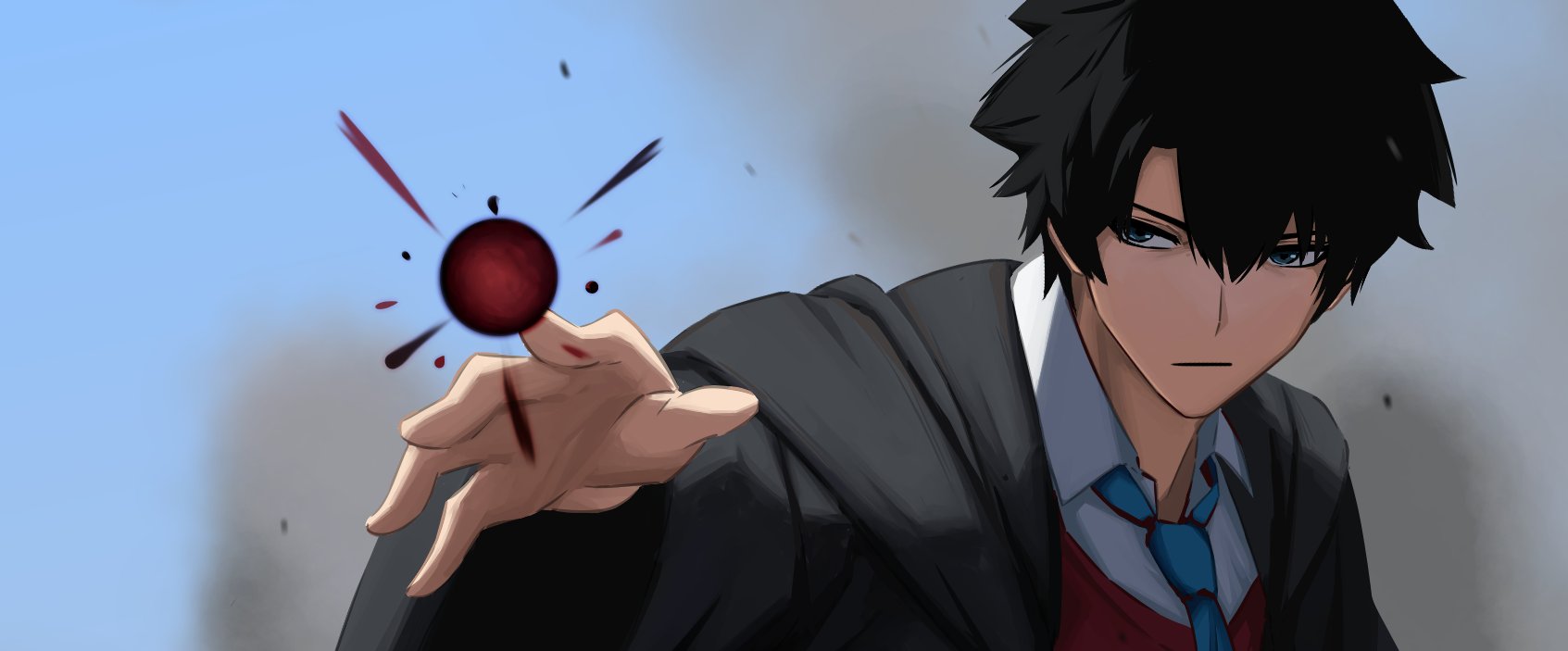 paperpillar, fujimaru ritsuka (male), fujimaru ritsuka (male) (mage's association uniform), fate/grand order, fate (series), highres, 1boy, black hair, black robe, blue eyes, blue necktie, gandr, hooded robe, long sleeves, male focus, necktie, official alternate costume, red sweater, robe, short hair, solo, sweater