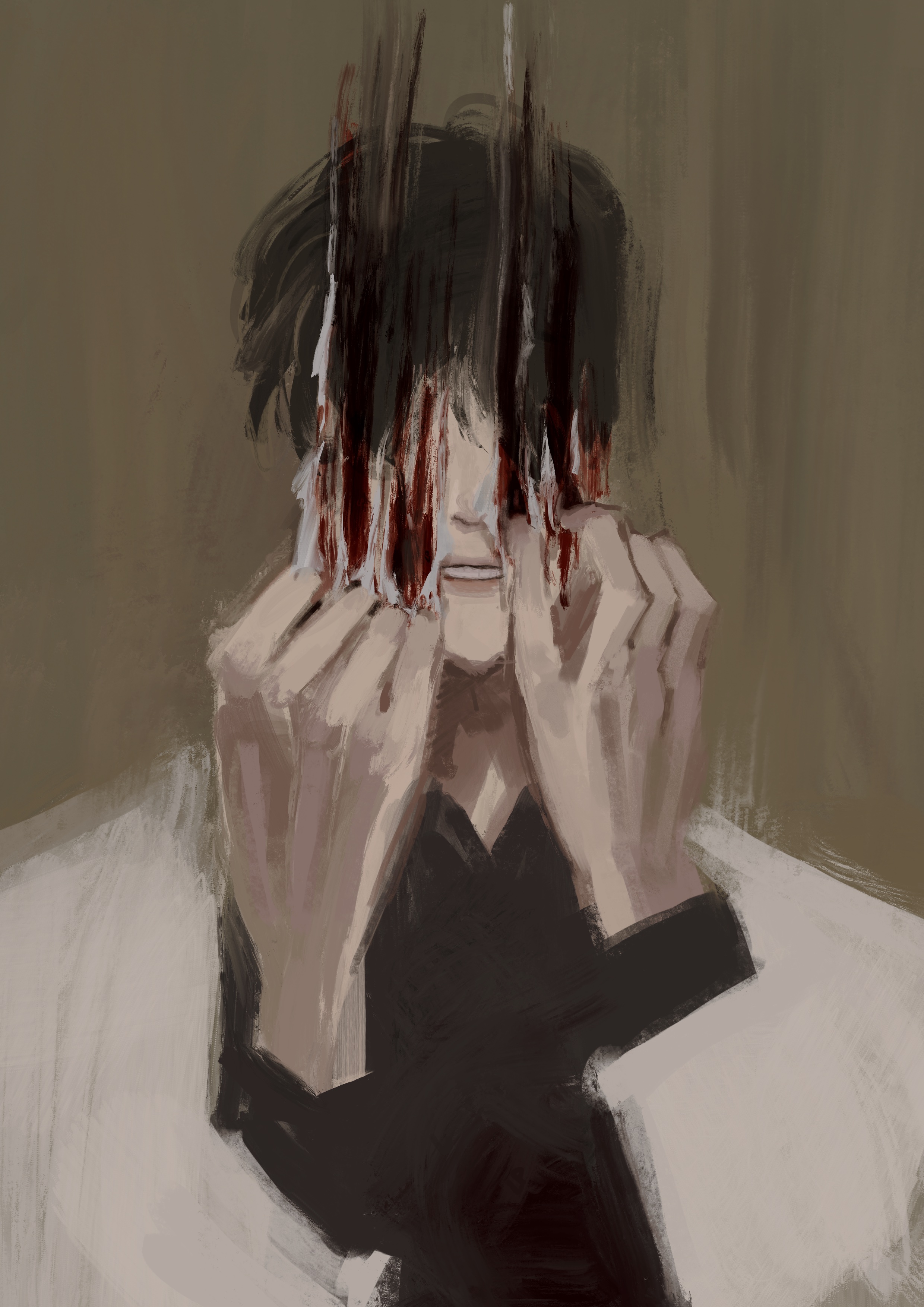 lp (sangkuranak), kim dokja, omniscient reader's viewpoint, tearing paper, absurdres, highres, 1other, black hair, black shirt, blood, blood stain, clenched teeth, coat, fake blood, gouged eye, implied self-harm, no eyes, painterly, shirt, short hair, smearing, solo, symbolism, teeth, upper body, white coat