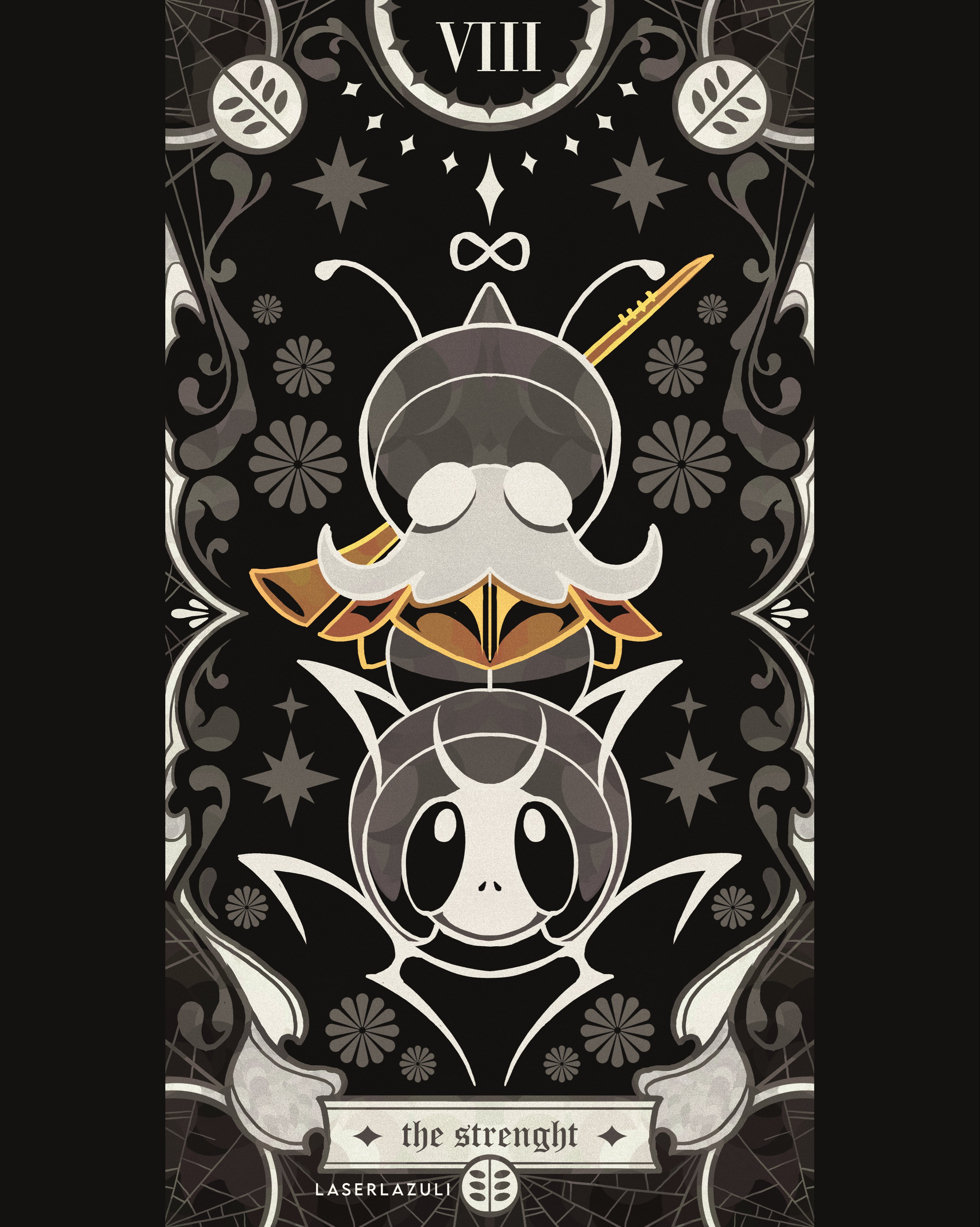 laserlazuli, hollow knight, hollow knight: silksong, absurdres, commentary, english commentary, highres, 1boy, antennae, armor, arthropod boy, artist name, black skin, bug, card (medium), colored skin, english text, facial hair, full body, garmond (hollow knight), helmet, holding, holding weapon, horns, long mustache, mustache, pillarboxed, riding, silk, solo, spider web, spot color, strength (tarot), tarot, tarot (medium), weapon, zaza (hollow knight)