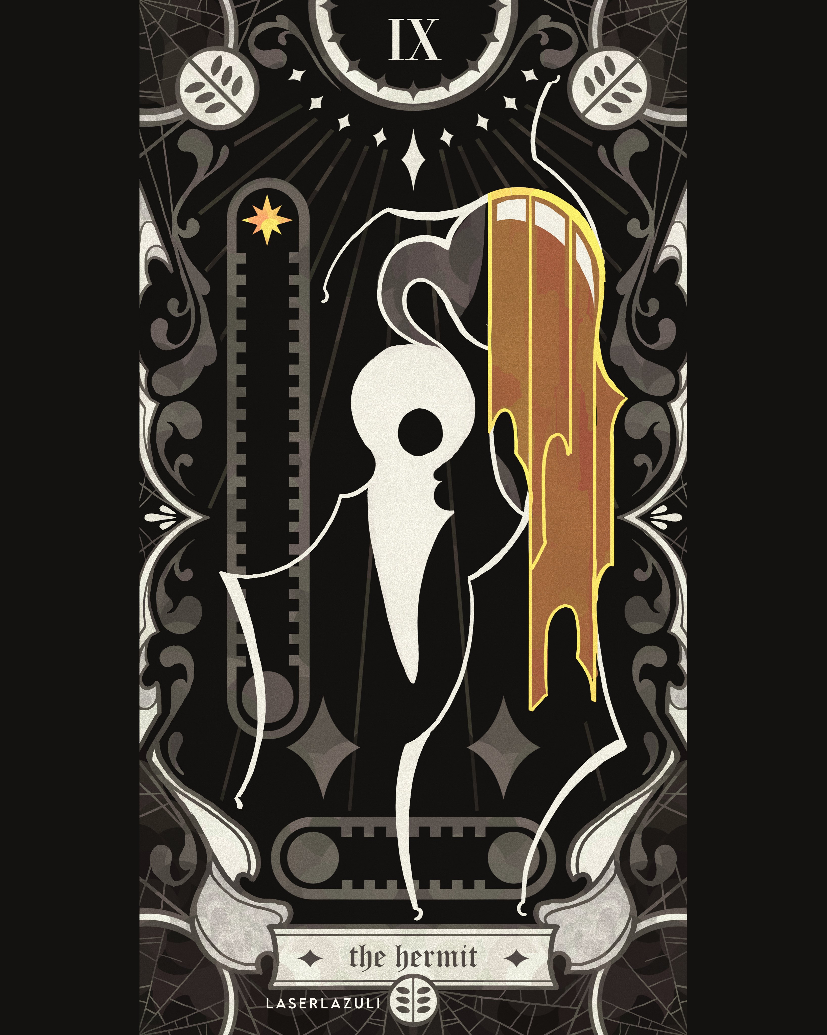 laserlazuli, loam (hollow knight), hollow knight, hollow knight: silksong, absurdres, commentary, english commentary, highres, artist name, card (medium), conveyor belt, english text, full body, hollow eyes, mask, pillarboxed, silk, solo, spider web, spot color, tarot, tarot (medium)