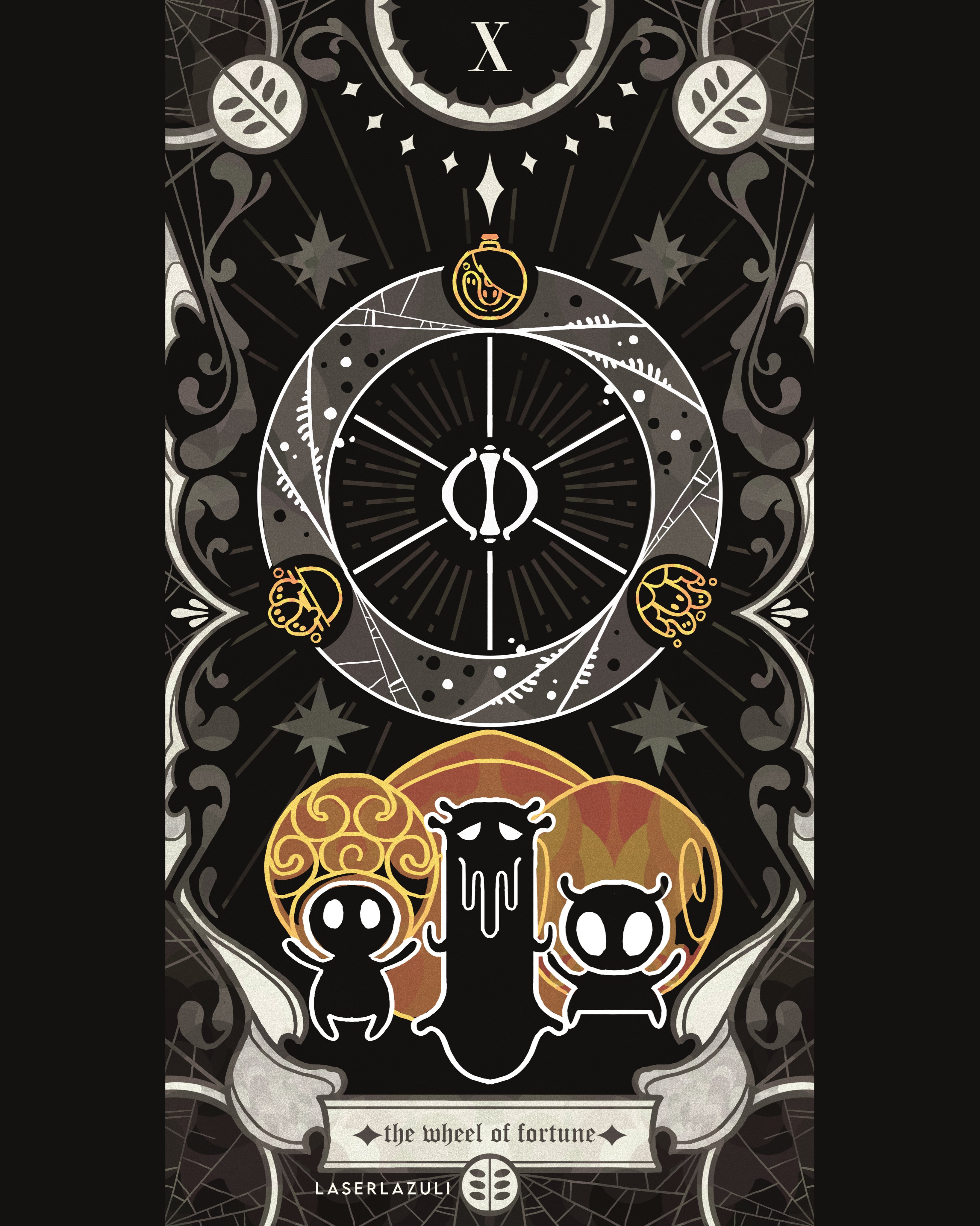 laserlazuli, hollow knight, hollow knight: silksong, absurdres, commentary, english commentary, highres, 1girl, 2boys, artist name, bell hermit (hollow knight), black skin, blank eyes, bug, card (medium), caretaker (hollow knight), chapel maid (hollow knight), cloak, colored skin, english text, full body, multiple boys, pillarboxed, silk, snail, solo, spider web, spot color, tarot, tarot (medium), uncle and nephew, uncle and niece, wheel of fortune (tarot)