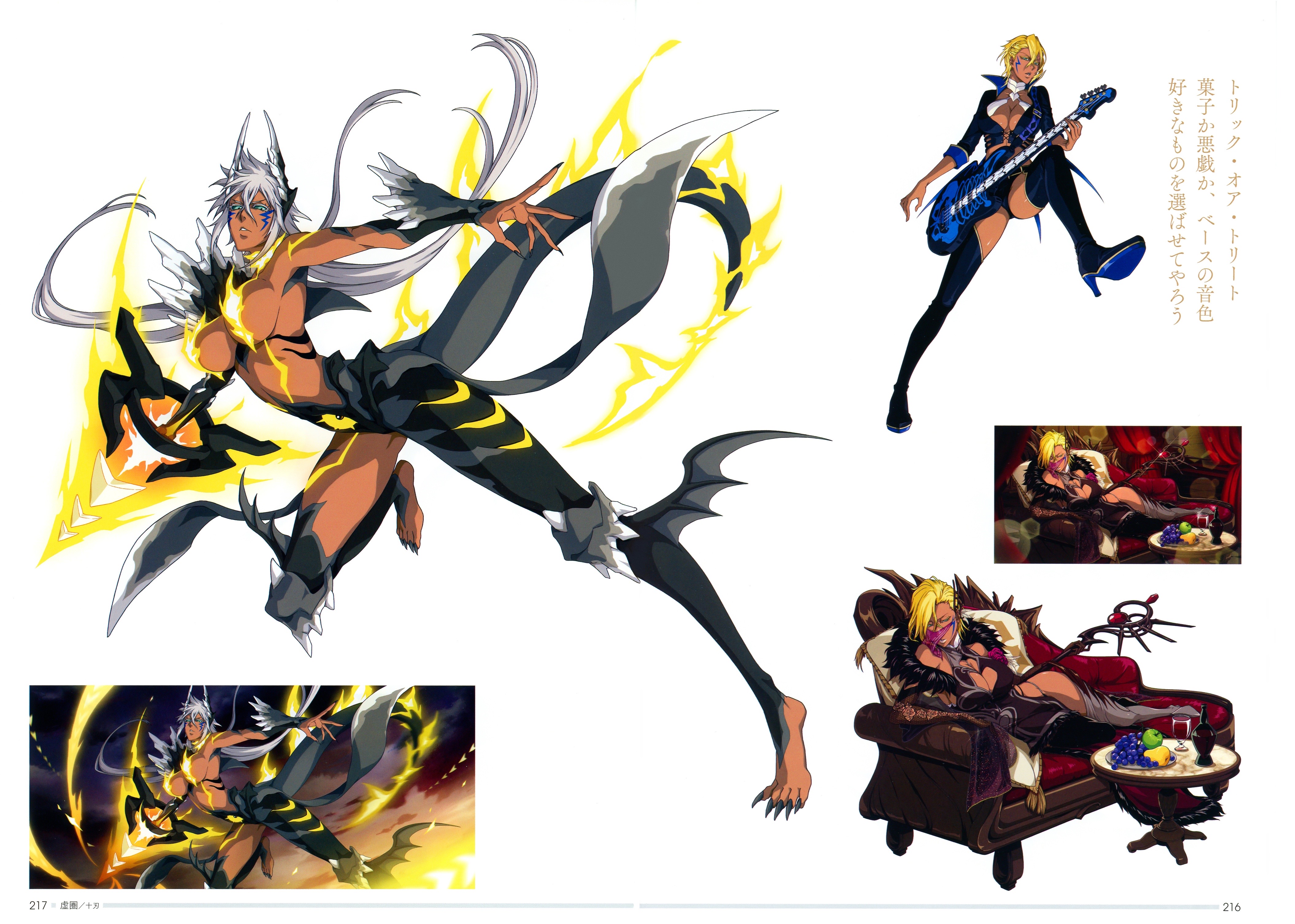 tier harribel, bleach, bleach: brave souls, highres, official art, scan, translation request, 1girl, alternate costume, alternate form, alternate universe, arrancar, ass, breasts, cleavage, curvy, dark-skinned female, dark skin, demon girl, electric guitar, energy sword, facial mark, full body, green eyes, guitar, holding guitar, holding instrument, instrument, jumping, long hair, looking at viewer, multiple views, navel, official alternate costume, parted lips, revealing clothes, short hair, simple background, standing, sword, tail, weapon, white background, white hair, wide hips