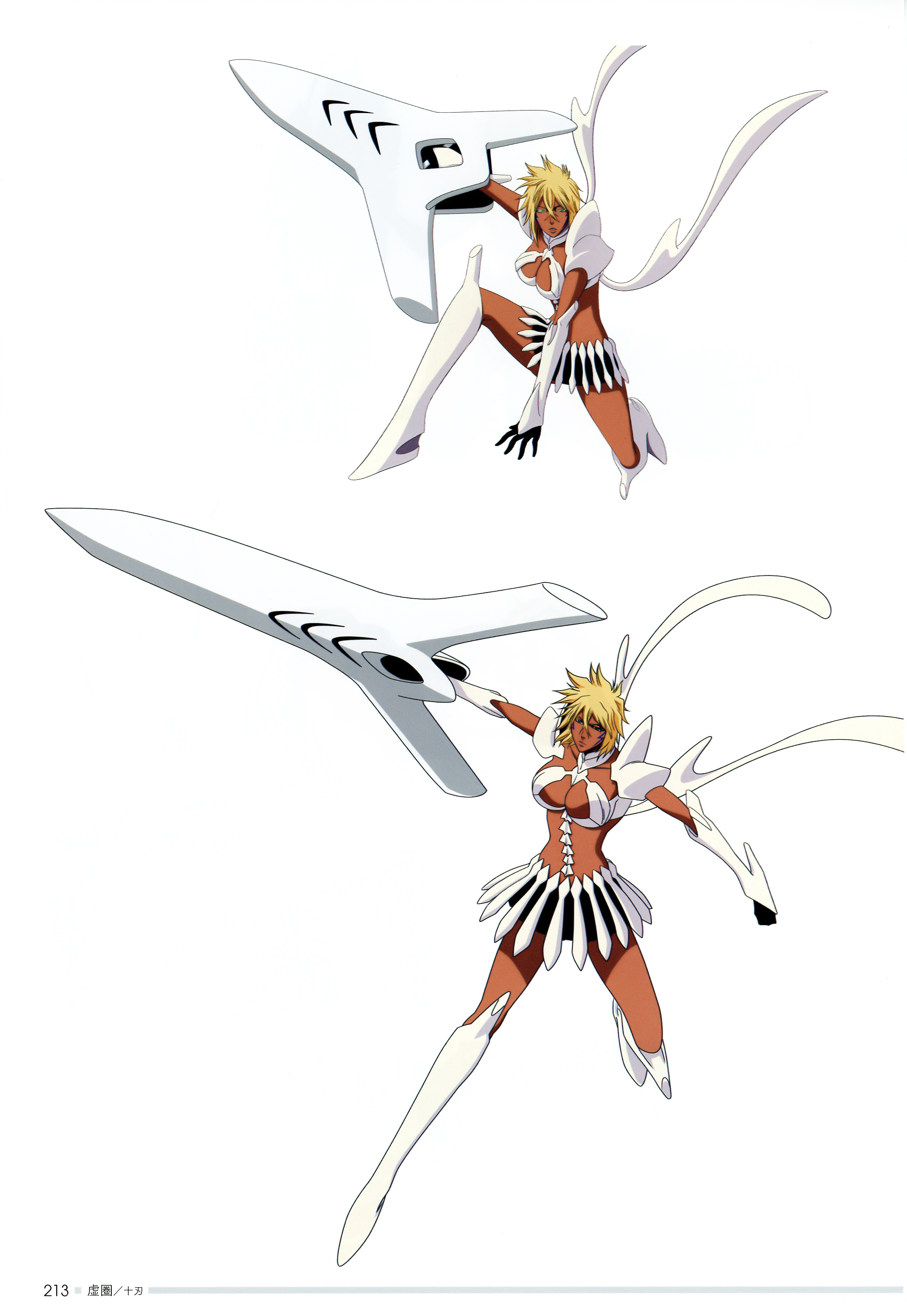 tier harribel, bleach, bleach: brave souls, highres, official art, scan, translation request, 1girl, armor, arrancar, breasts, curvy, dark-skinned female, dark skin, facial mark, full body, green eyes, holding, holding sword, holding weapon, jumping, looking at viewer, multiple girls, multiple views, navel, parted lips, pauldrons, resurreccion, revealing clothes, short hair, shoulder armor, simple background, standing, sword, water, weapon, white background, wide hips
