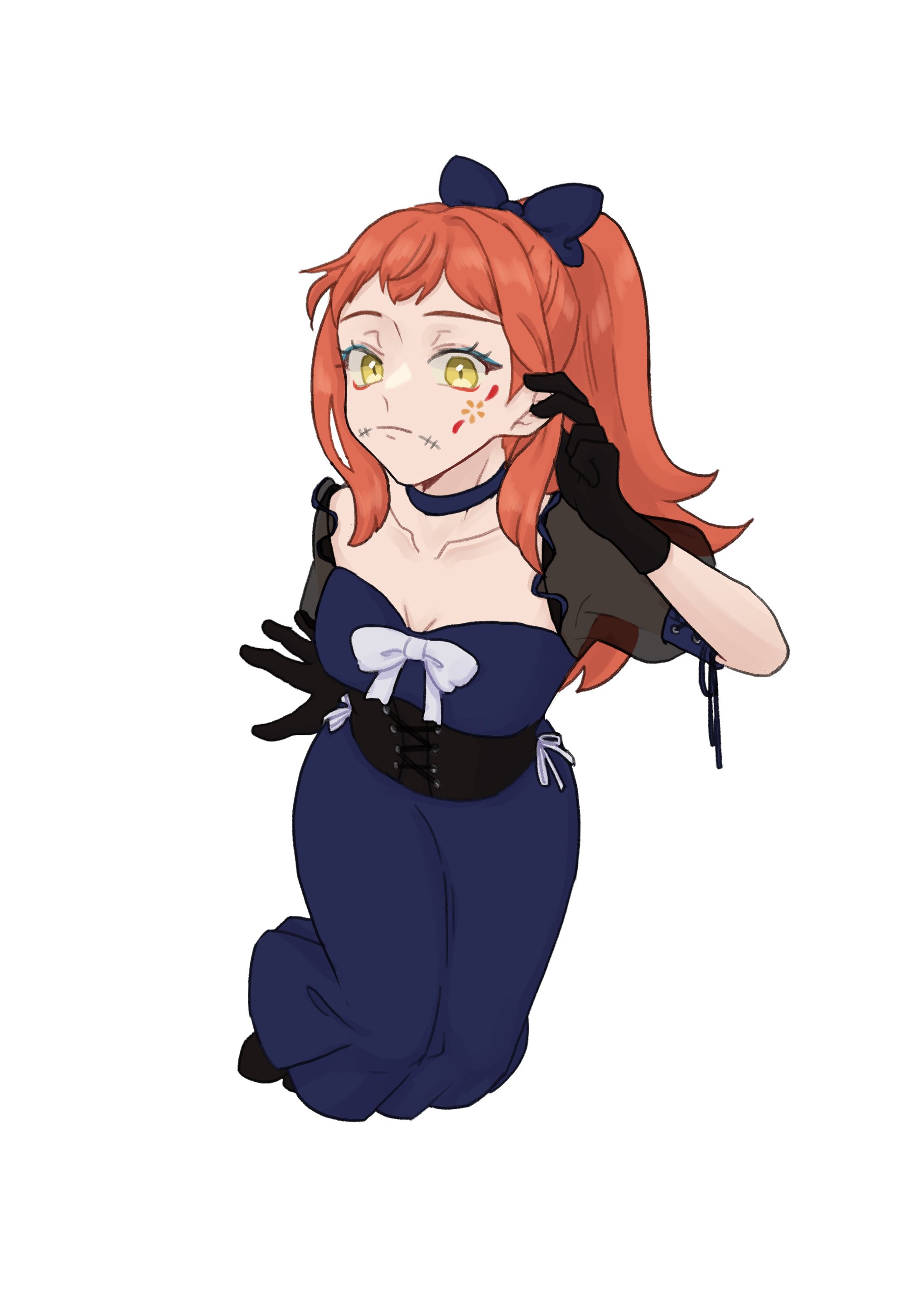 hahm0106, panette (fire emblem), fire emblem, fire emblem engage, nintendo, absurdres, highres, 1girl, alternate costume, alternate hairstyle, breasts, choker, dress, facial mark, long hair, looking at viewer, medium breasts, orange hair, ponytail, short bangs, solo, stitched mouth, stitches, yellow eyes